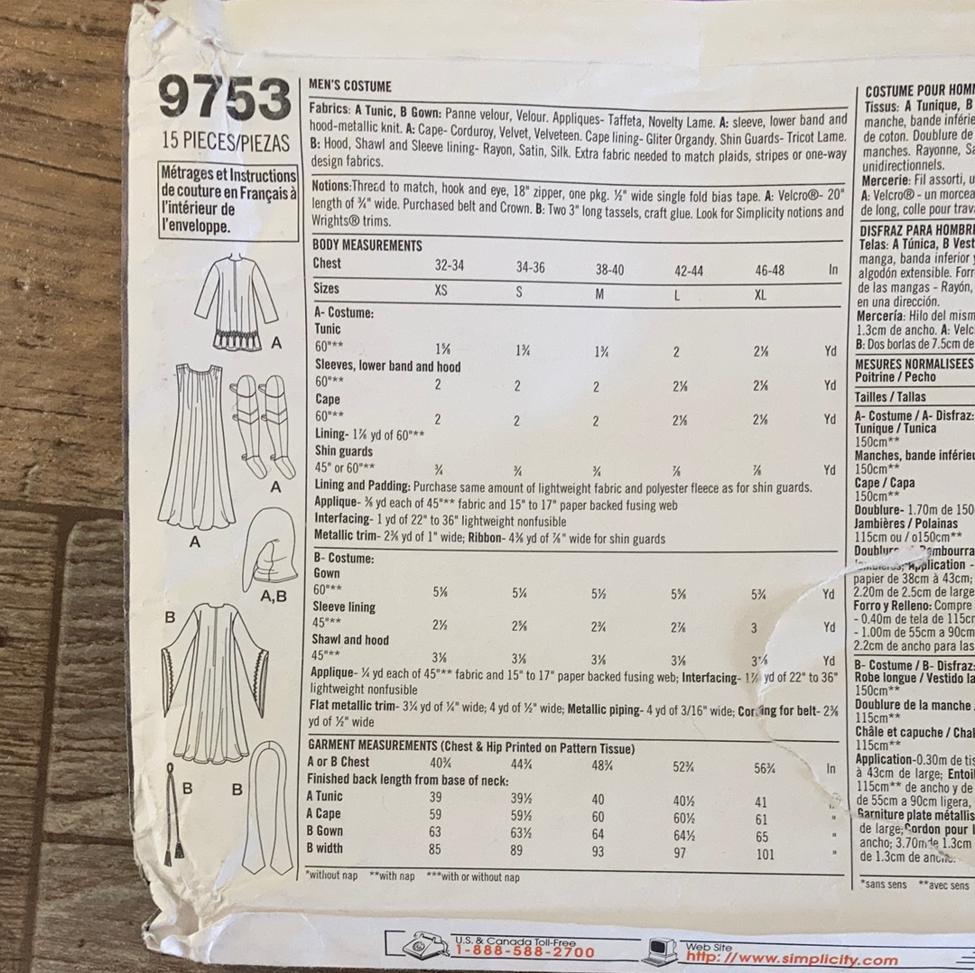 Mens Medieval Knight King or Wizard Costume Pieces Sewing Pattern Size XS to M Simplicity 9753