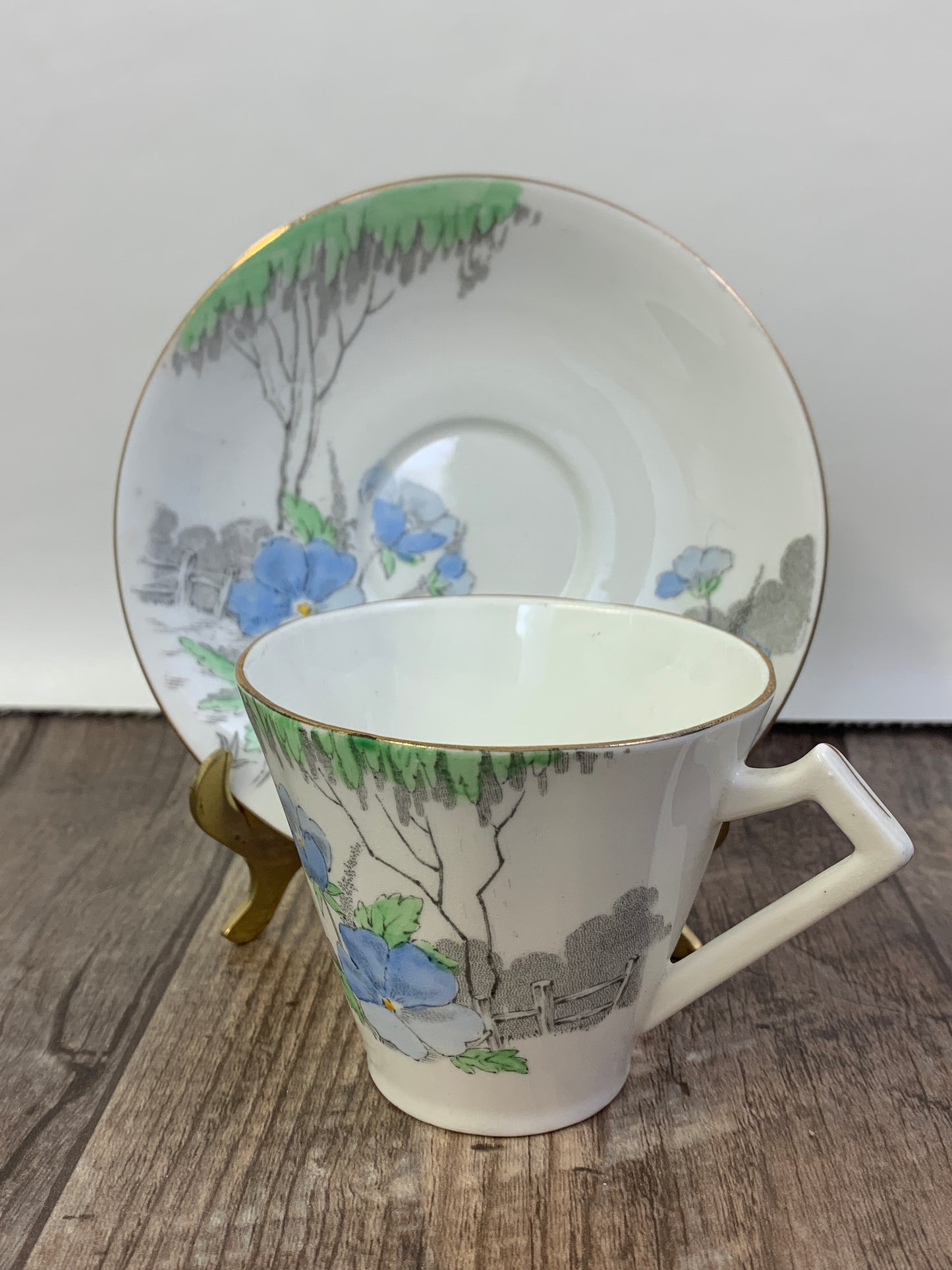 Vintage Teacup with Hand Painted Blue Green and Grey Garden Scene Royal York Fine Bone China