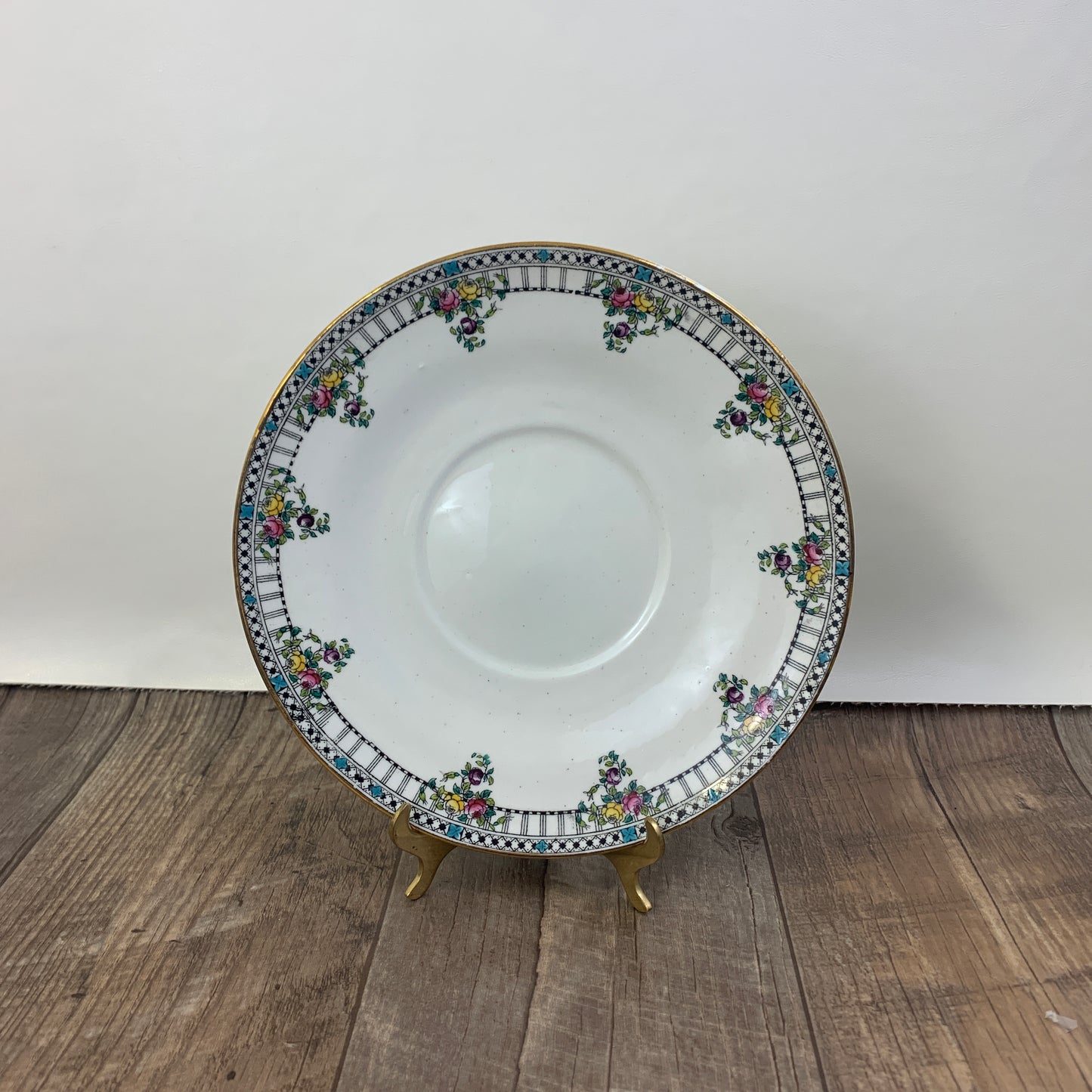 Antique Porcelain Plate with Black Border and Hand Painted Flowers Wildblood, Heath & Sons