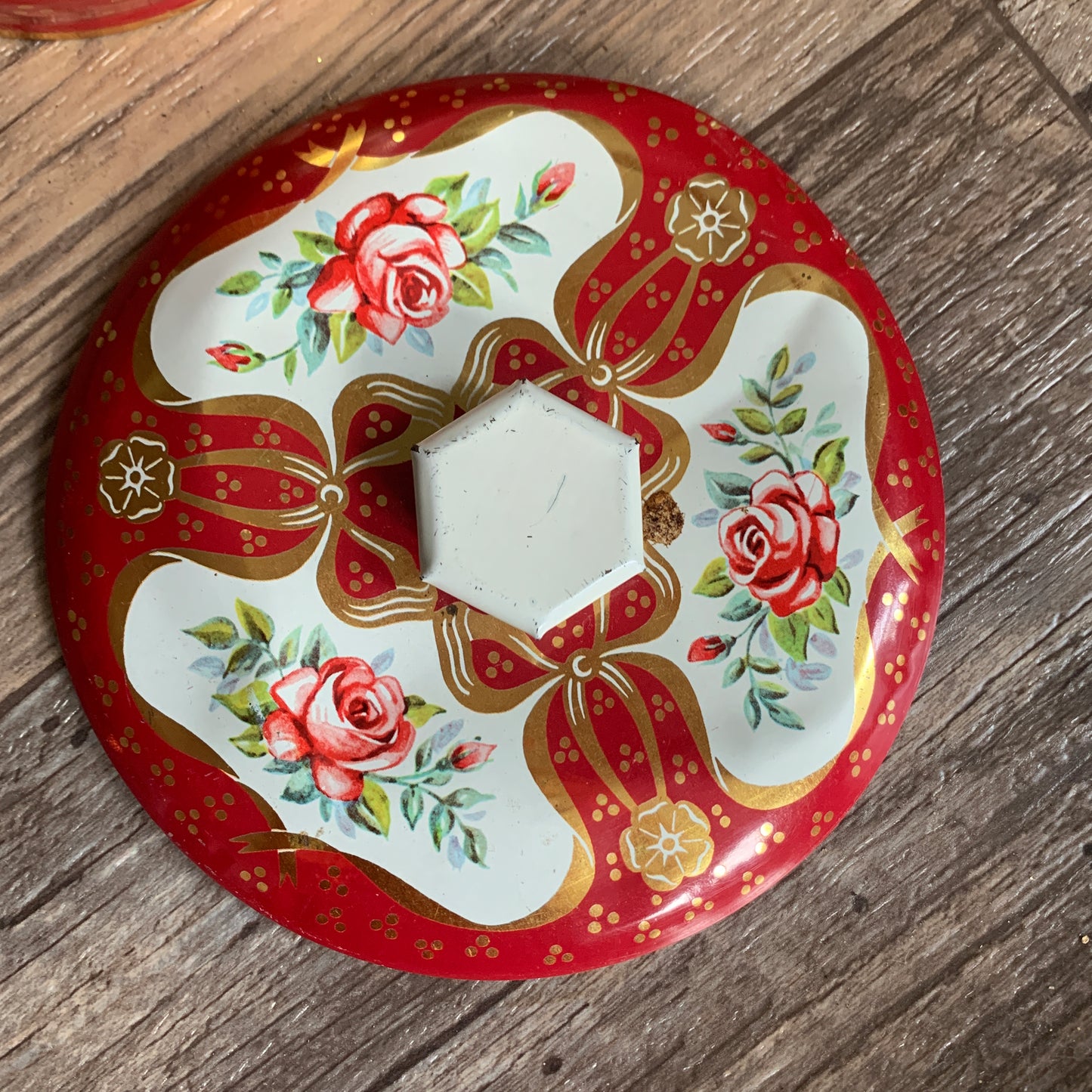 Red and White Tin with Gold Design Vintage Tin with Smooshed Lid