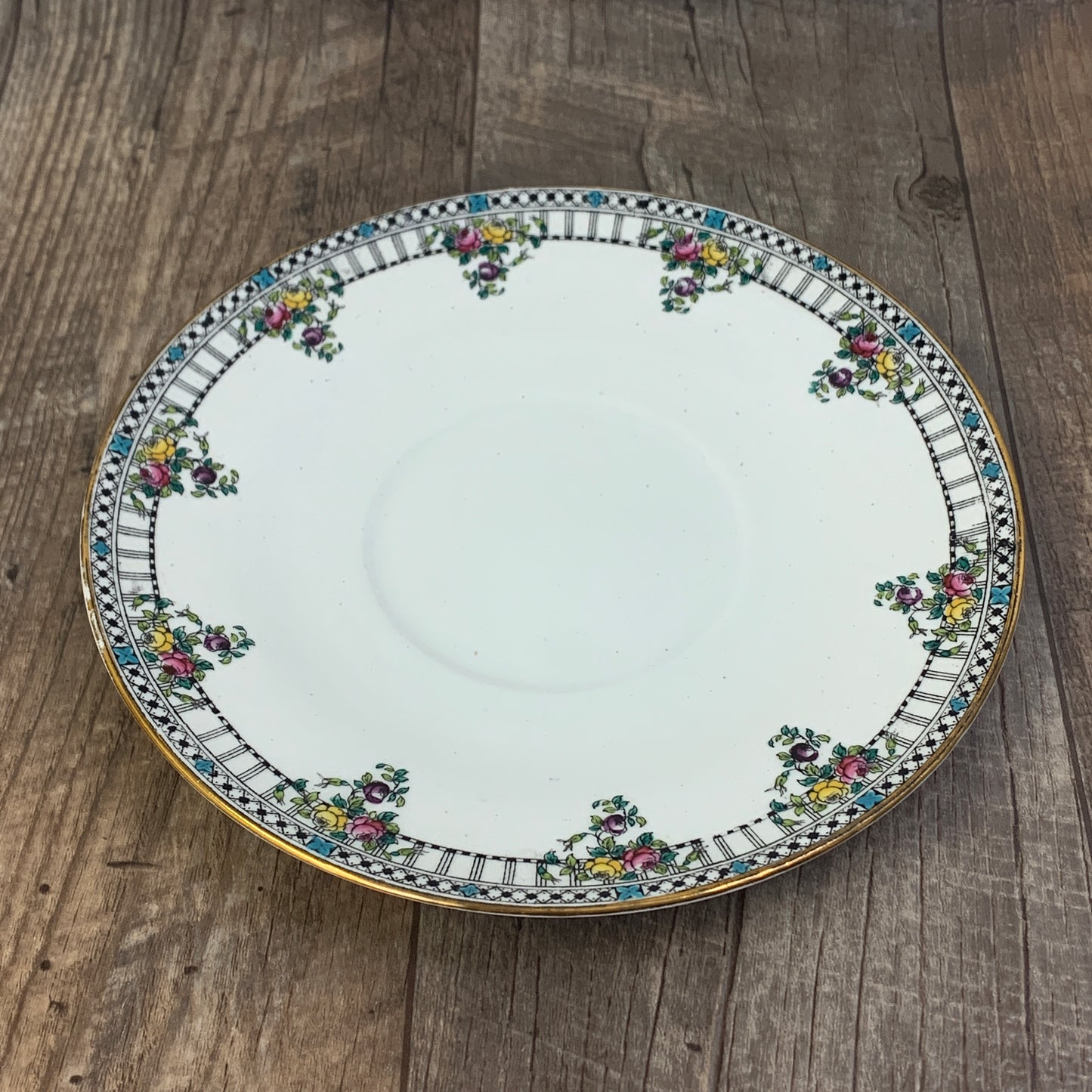 Antique Porcelain Plate with Black Border and Hand Painted Flowers Wildblood, Heath & Sons