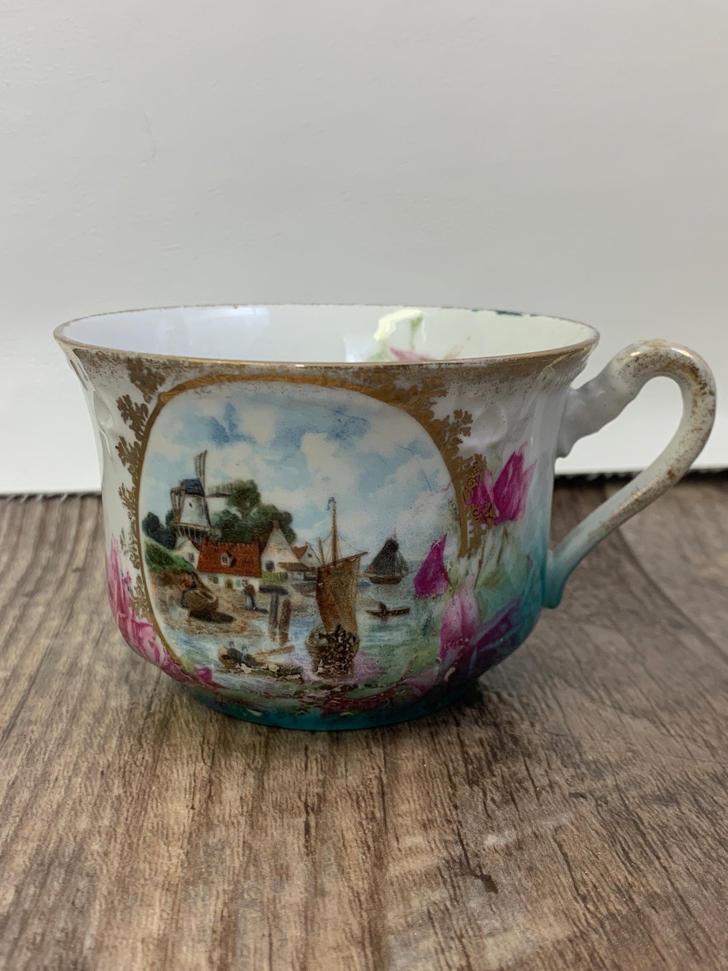 Antique Porcelain Creamer and Cup Teal and White Porcelain with Picture