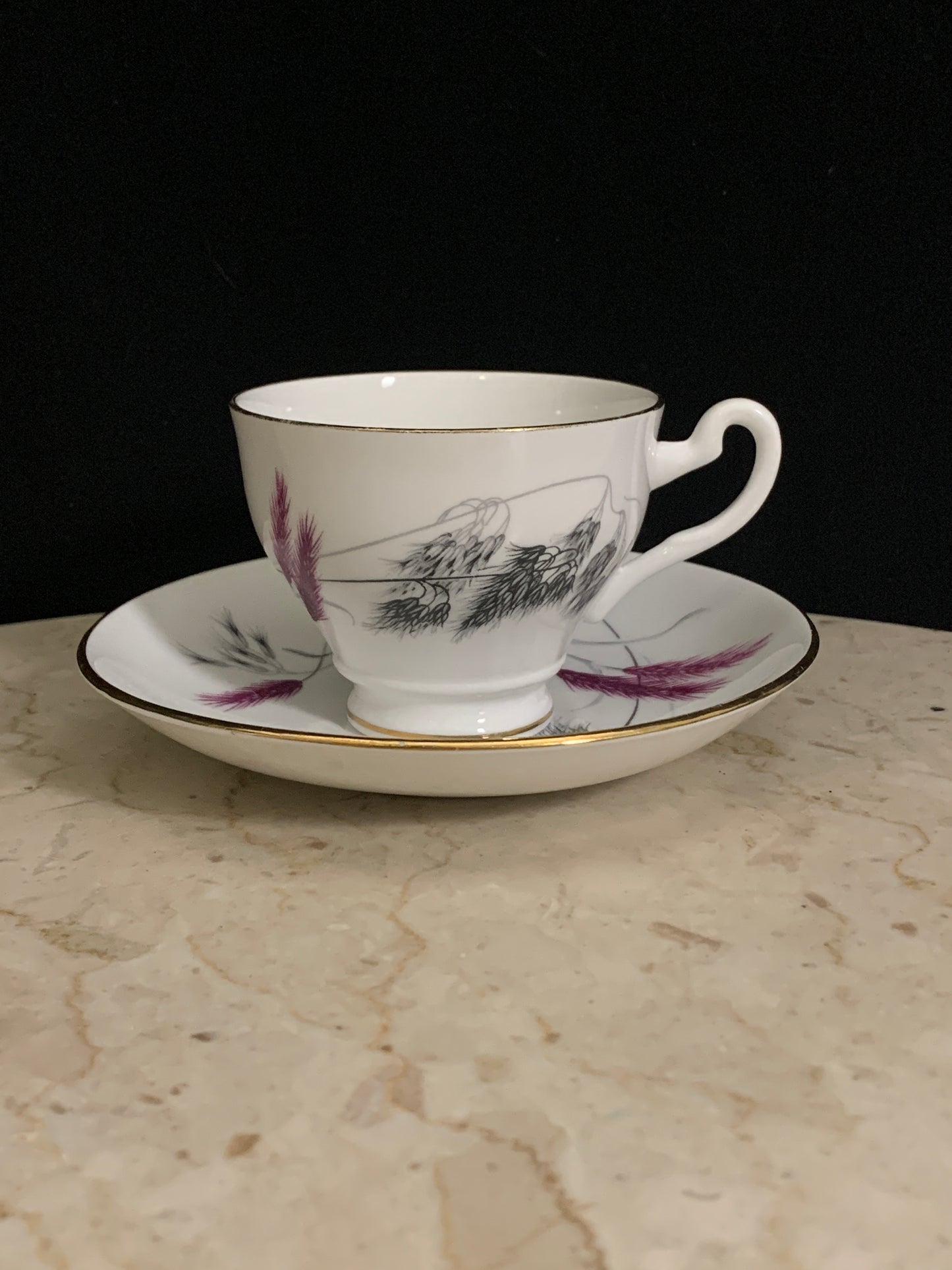 Vintage Tea Cup and Saucer with Purple Wheat Unique