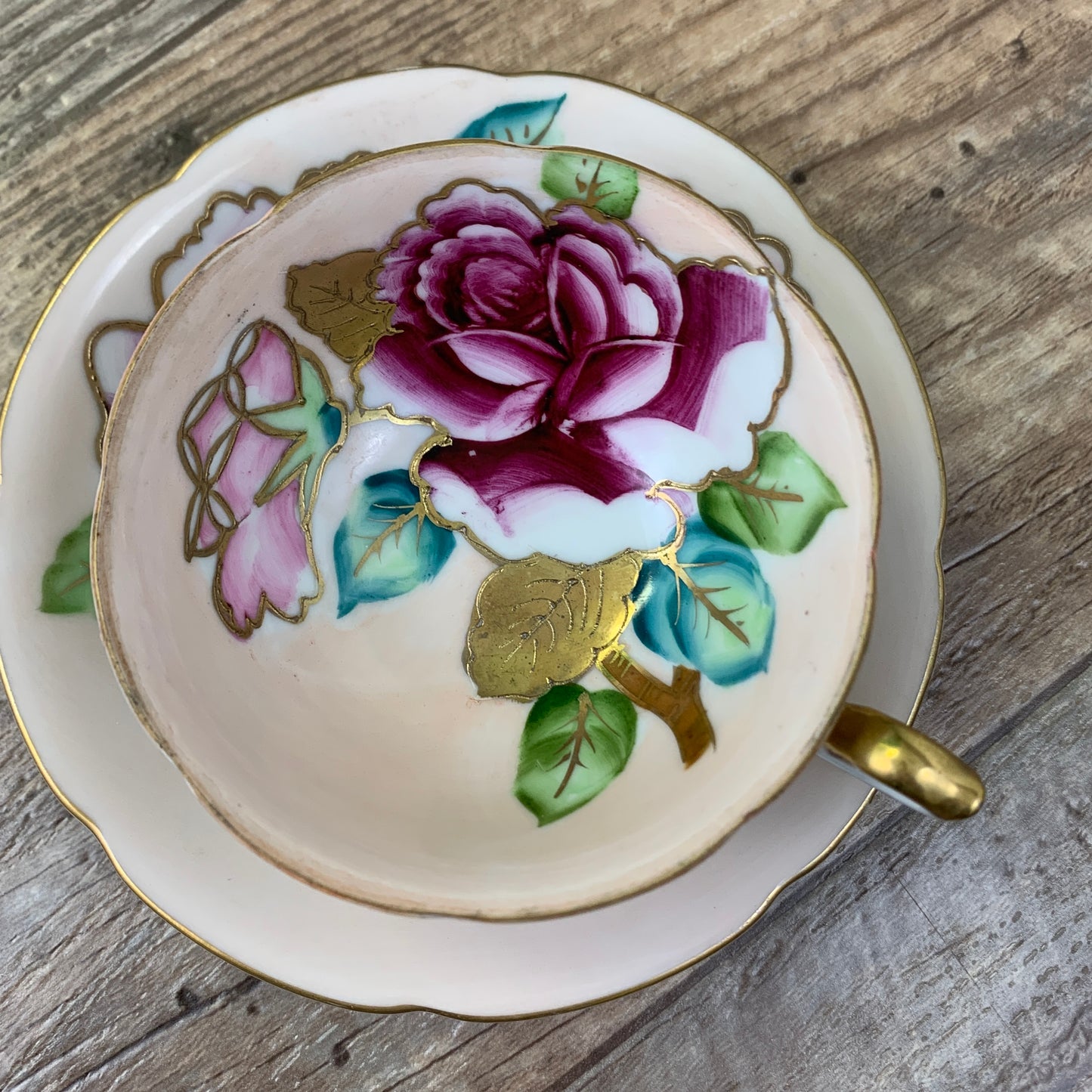 Trimont China Hand Painted Demi Tasse Cup Hand Painted Teacup and Saucer Hand Painted Pink Teacup