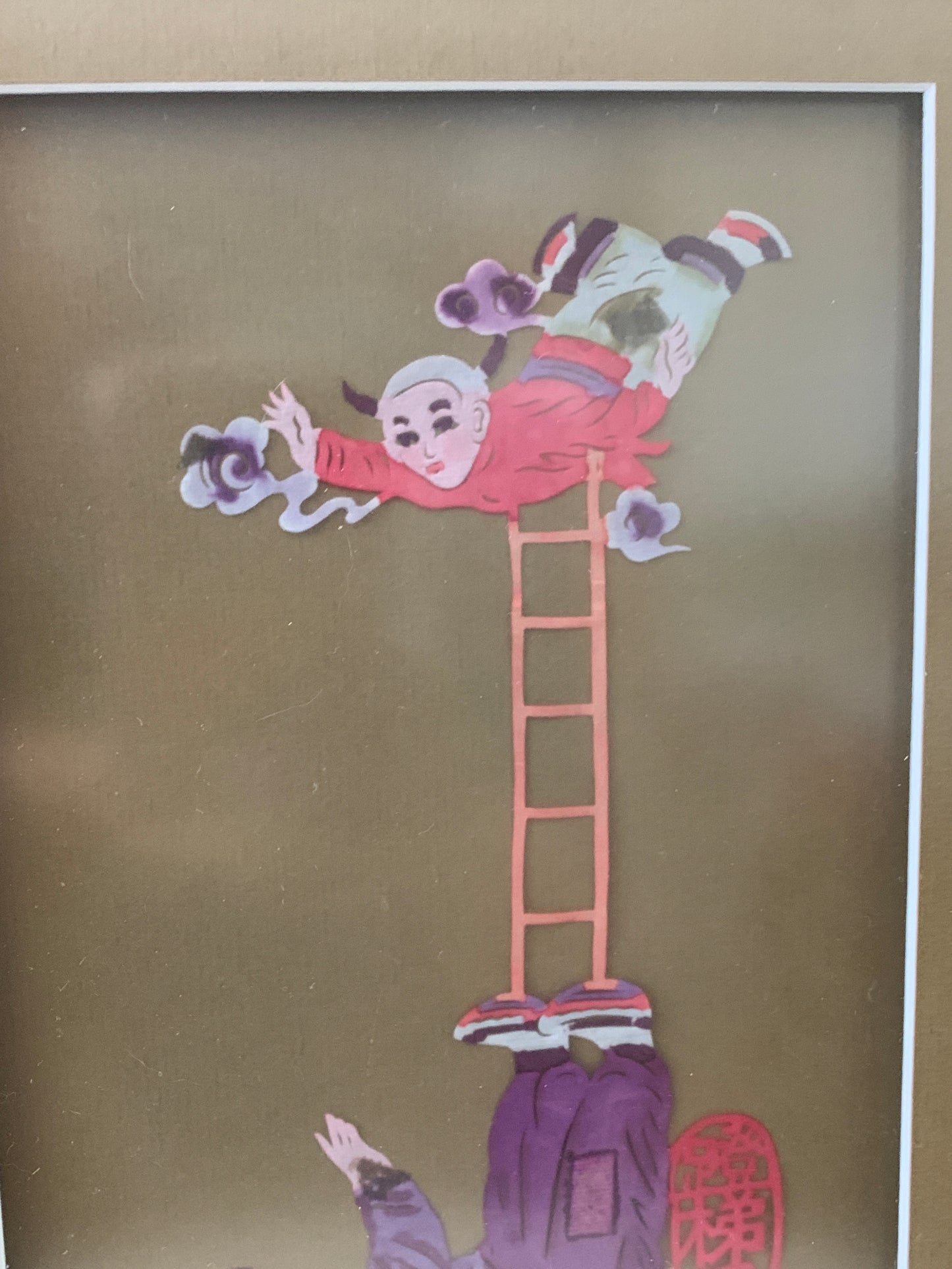Vintage Japanese Kirigami Folk Art papercut Paper Cut Acrobats Tumbling - Framed