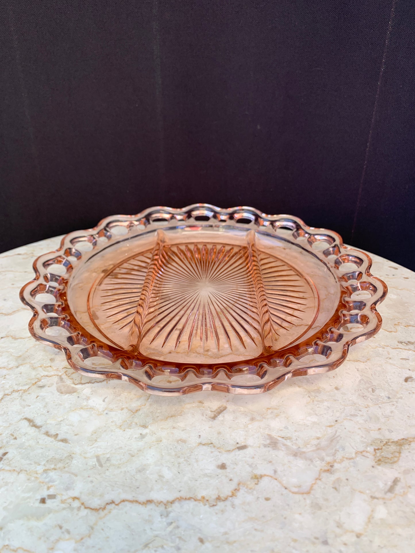 Blush Pink Depression Glass Divided Platter Old Colony Laced Edge
