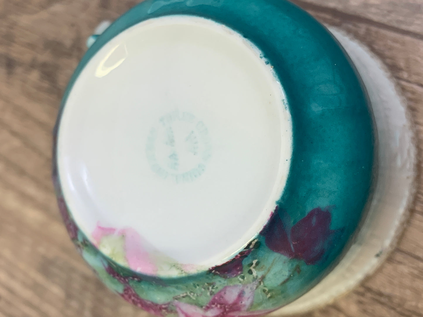 Antique Porcelain Creamer and Cup Teal and White Porcelain with Picture