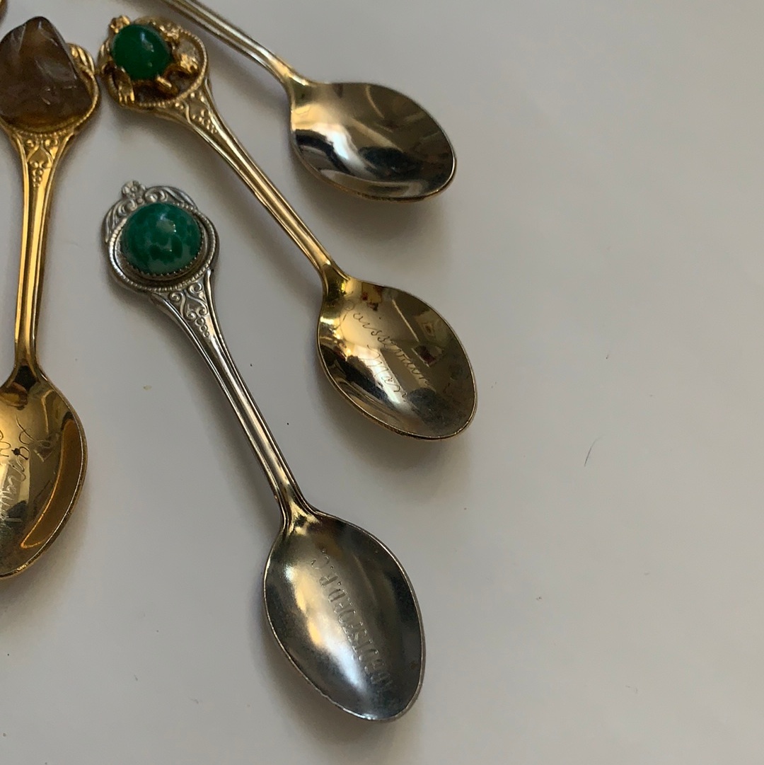 Set of 5 Spoons Mini Spoons w Gemstone Vintage Collector Spoons