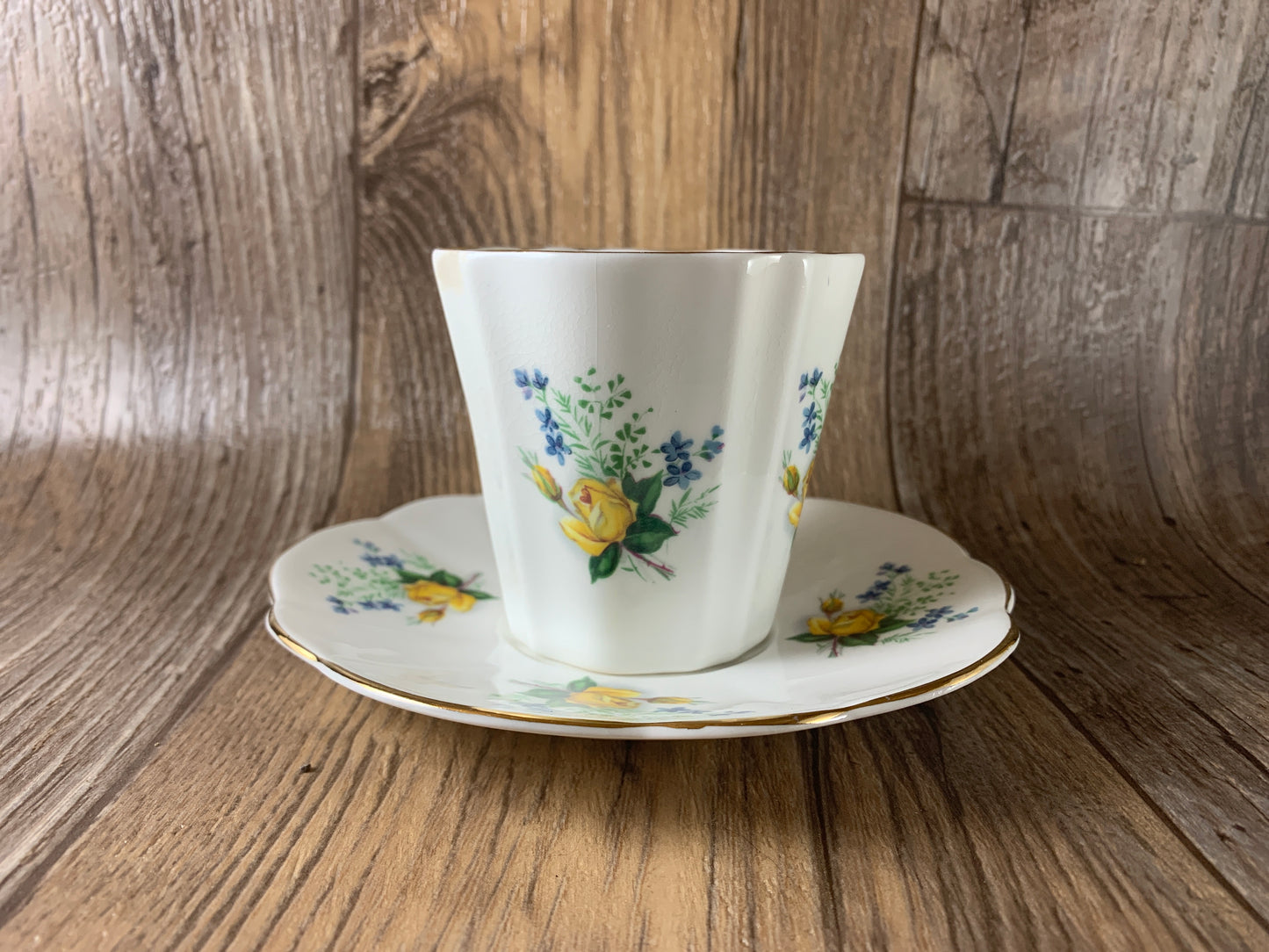 Yellow and Blue Floral Teacup and Saucer