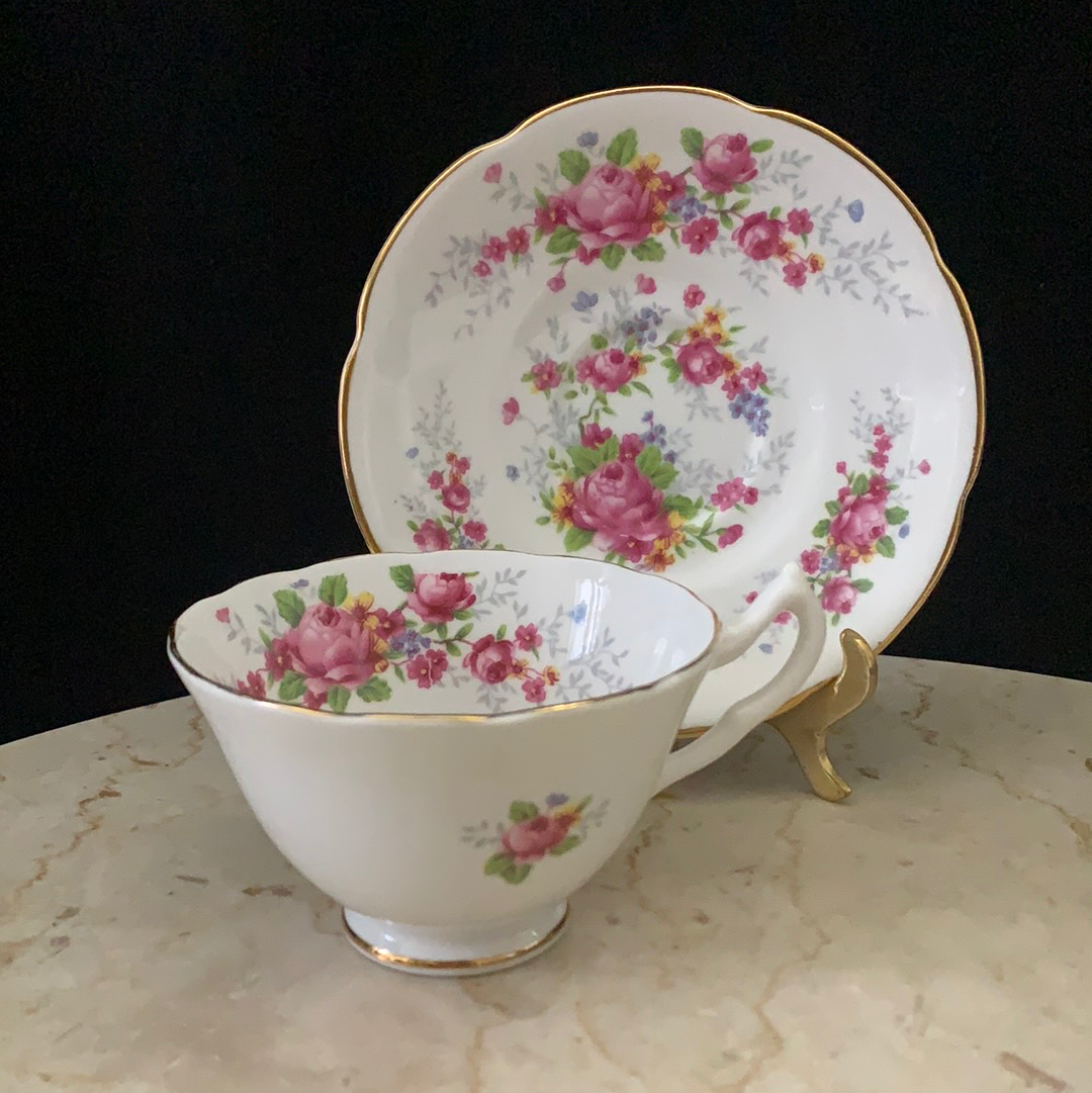 Wide Mouth Teacup and Saucer Set with Pink Floral Pattern
