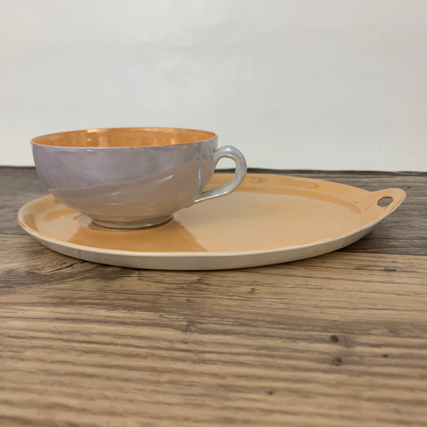 Japan Lusterware Snack Set Peach and White Teacup an Snack Plate