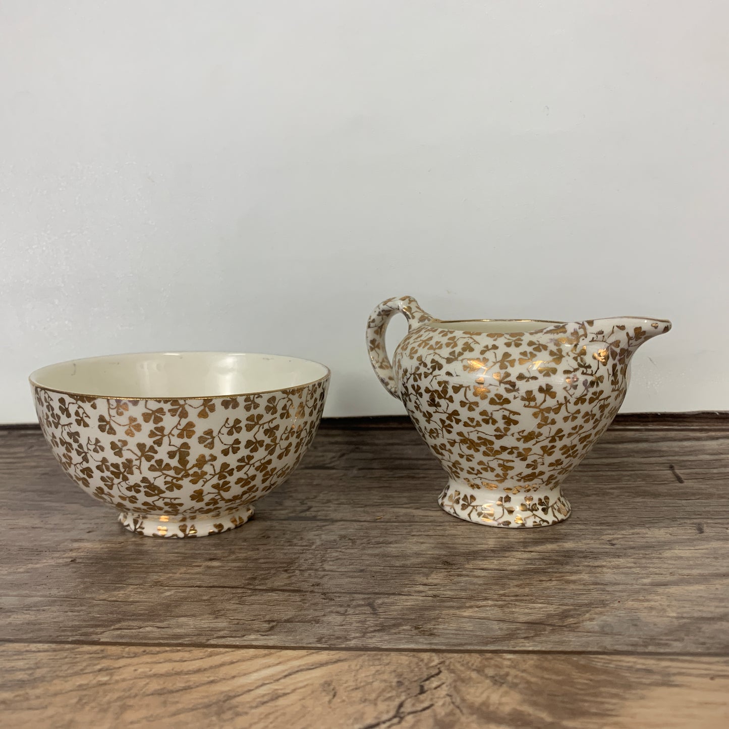 Cream and Sugar Bowl with Gold Shamrock Pattern