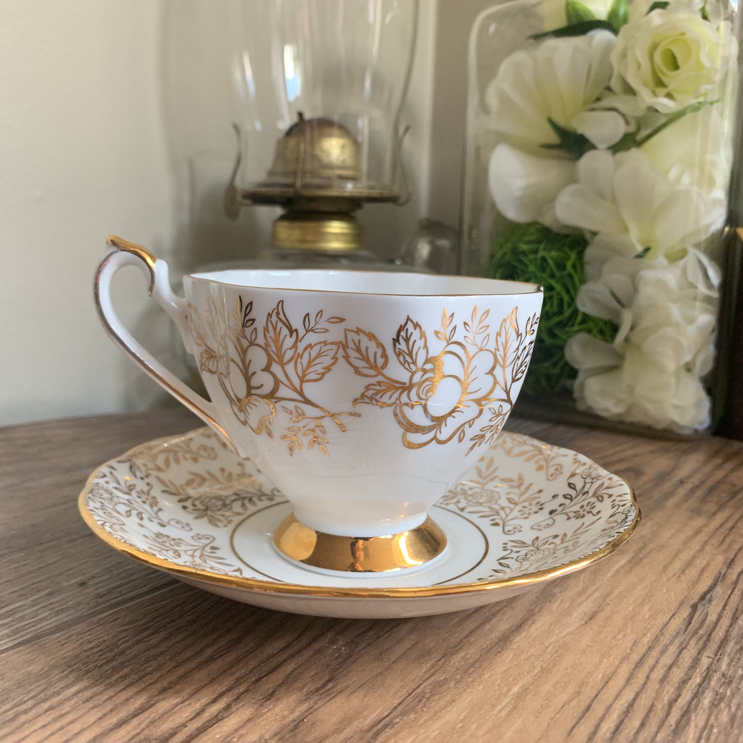 Golden Floral Vintage Queen Anne Teacup and Saucer, Slightly Mis Matched Tea Cup