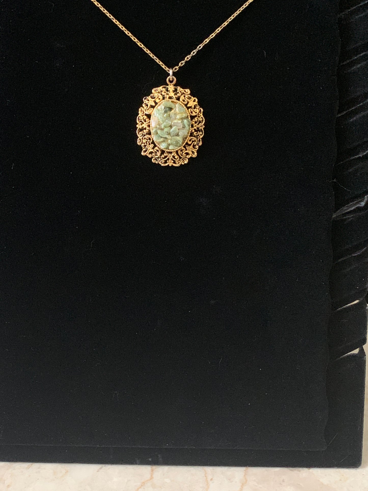 Jade Chip Necklace Large Green and Gold Pendant