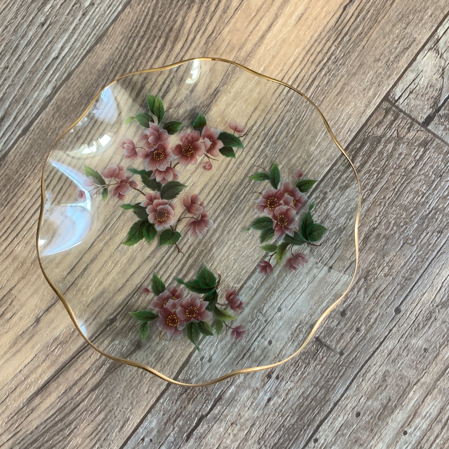 Pink Floral Dresser Dish, Small Plate with Ruffled Edge,