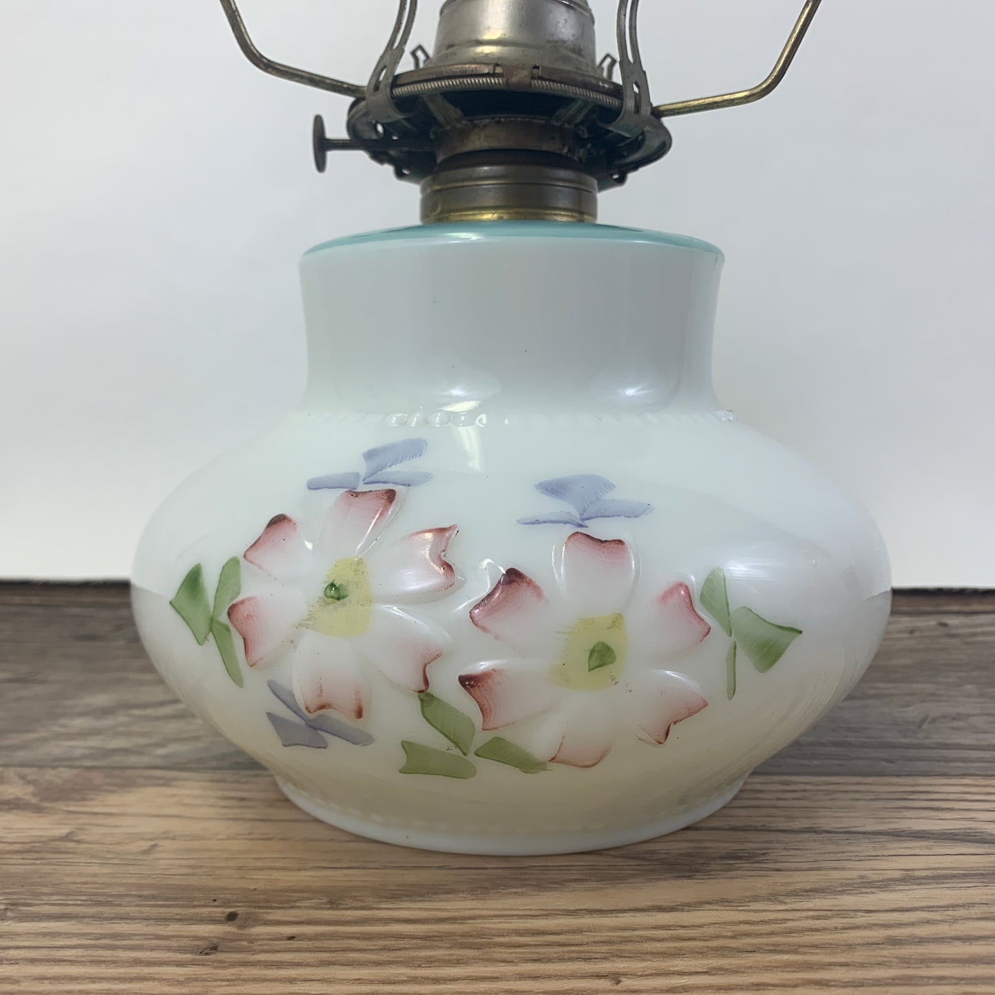 Consolidated Lamp and Glass Co EAPG Milk Glass Oil Lamp Base with Hand Painted Floral Design