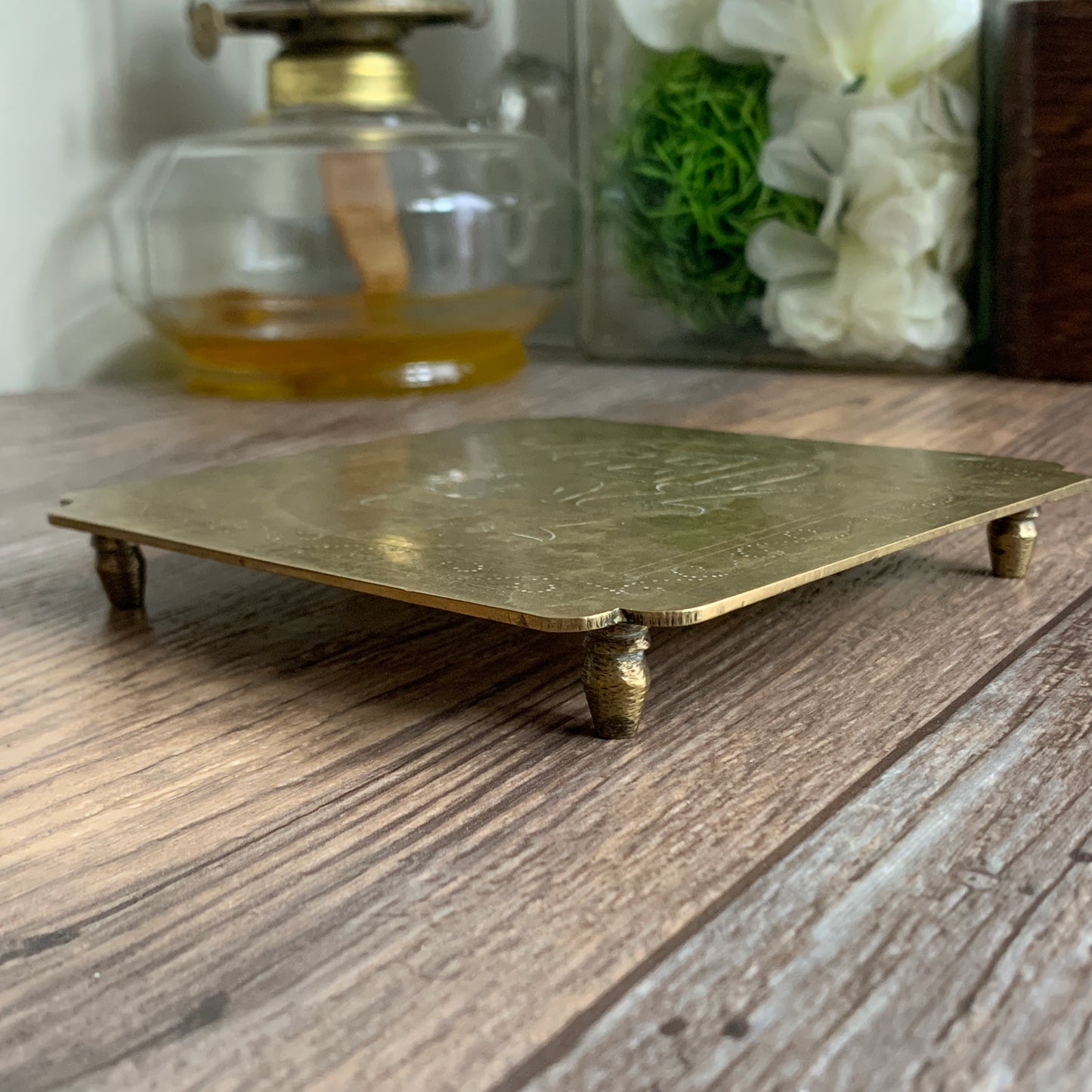 Vintage Brass Trivet with Engraved Design Housewarming Gift