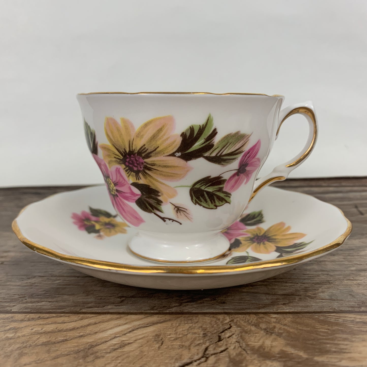Royal Vale Vintage Teacup and Saucer Set with Pink and Yellow Floral Pattern