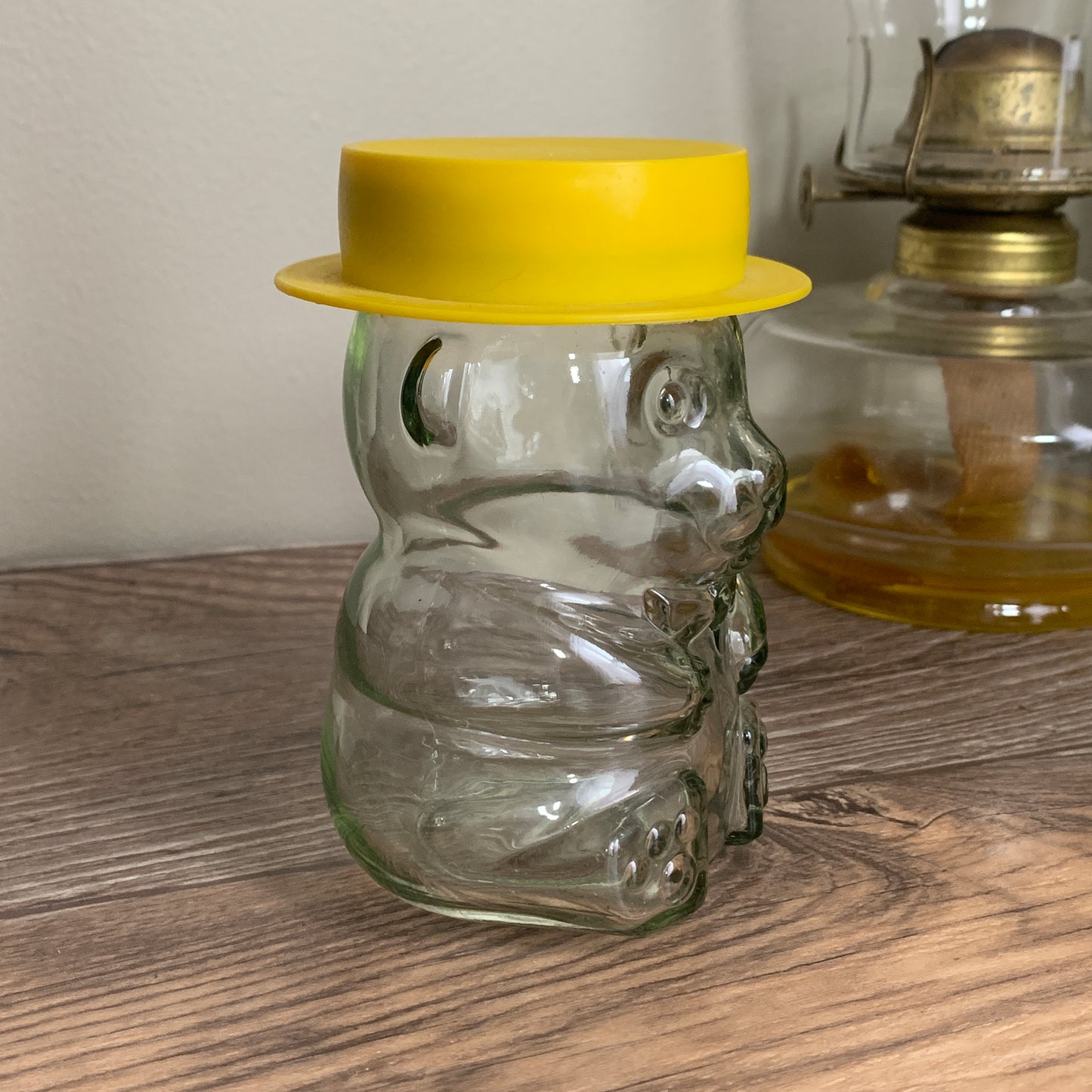 Teddy Bear with Yellow Hat Vintage Jar Peanut Butter Jar Stash Jar