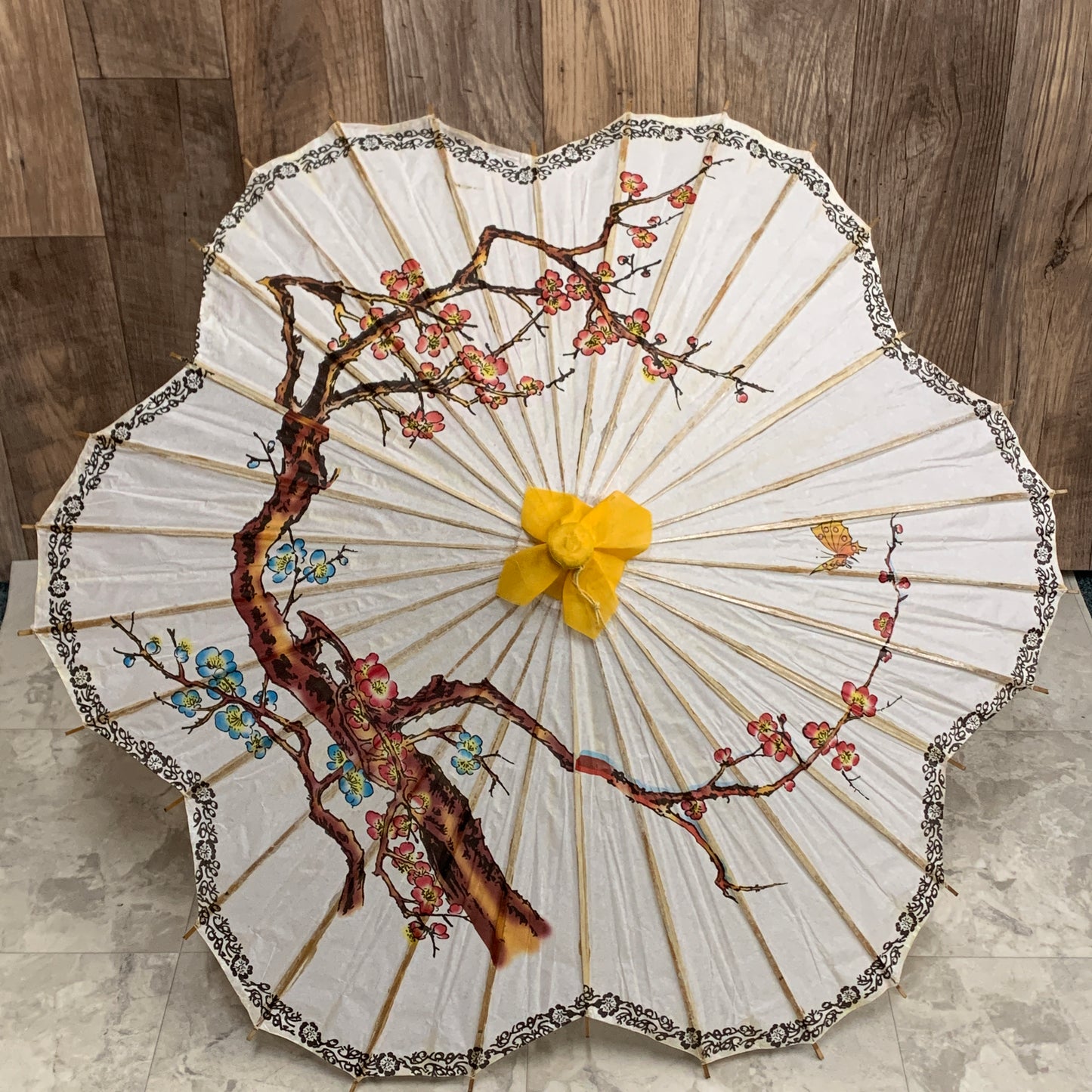 Vintage Rice Paper Parasol with Cherry Blossom Design and Scalloped Edge