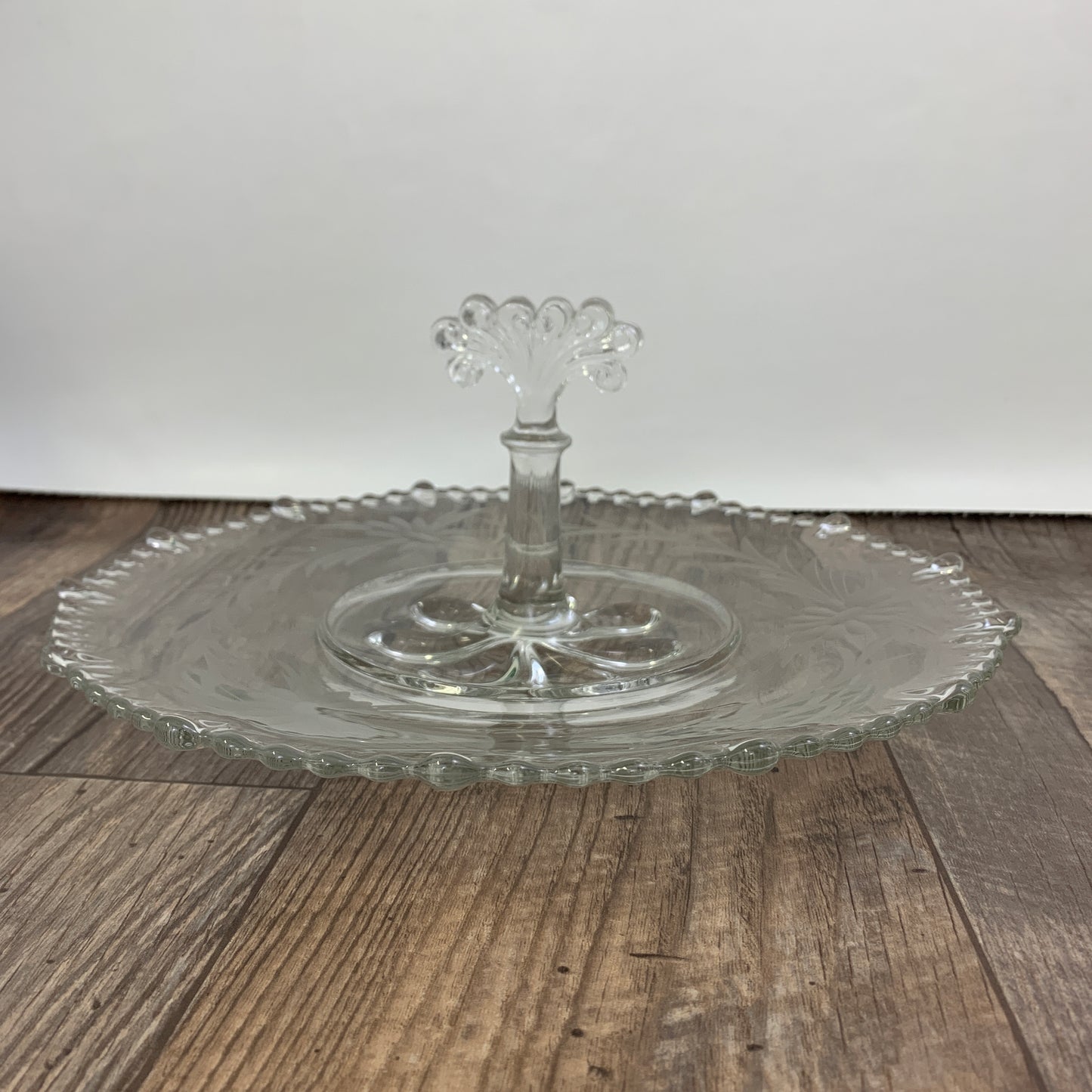 Etched Glass Dish with Center Handle Sandwich Tray Vintage Serving Tidbit Tray