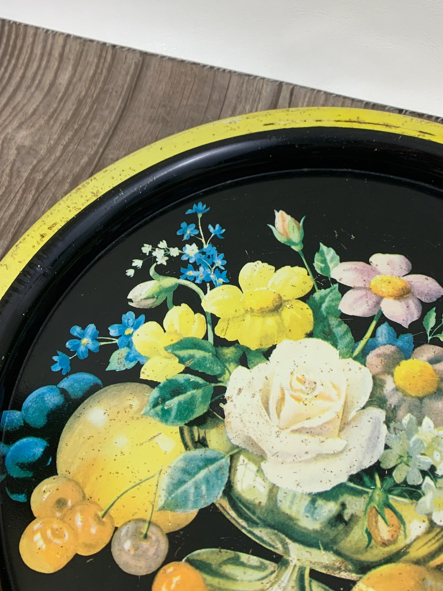 Vintage Round Tray with Floral Pattern Black and Yellow Tray Vintage Farmhouse Decor