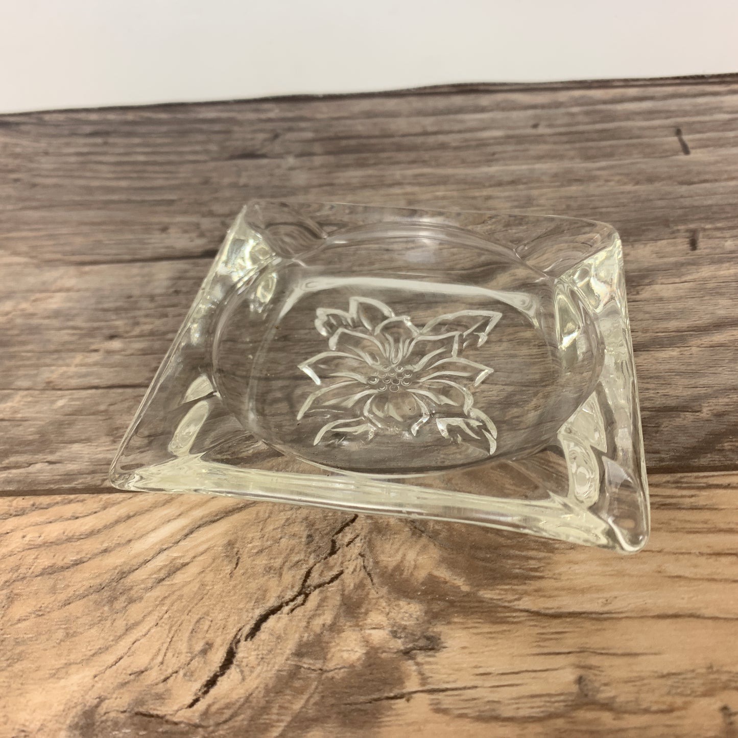 Small Pressed Glass Ashtray with Flower