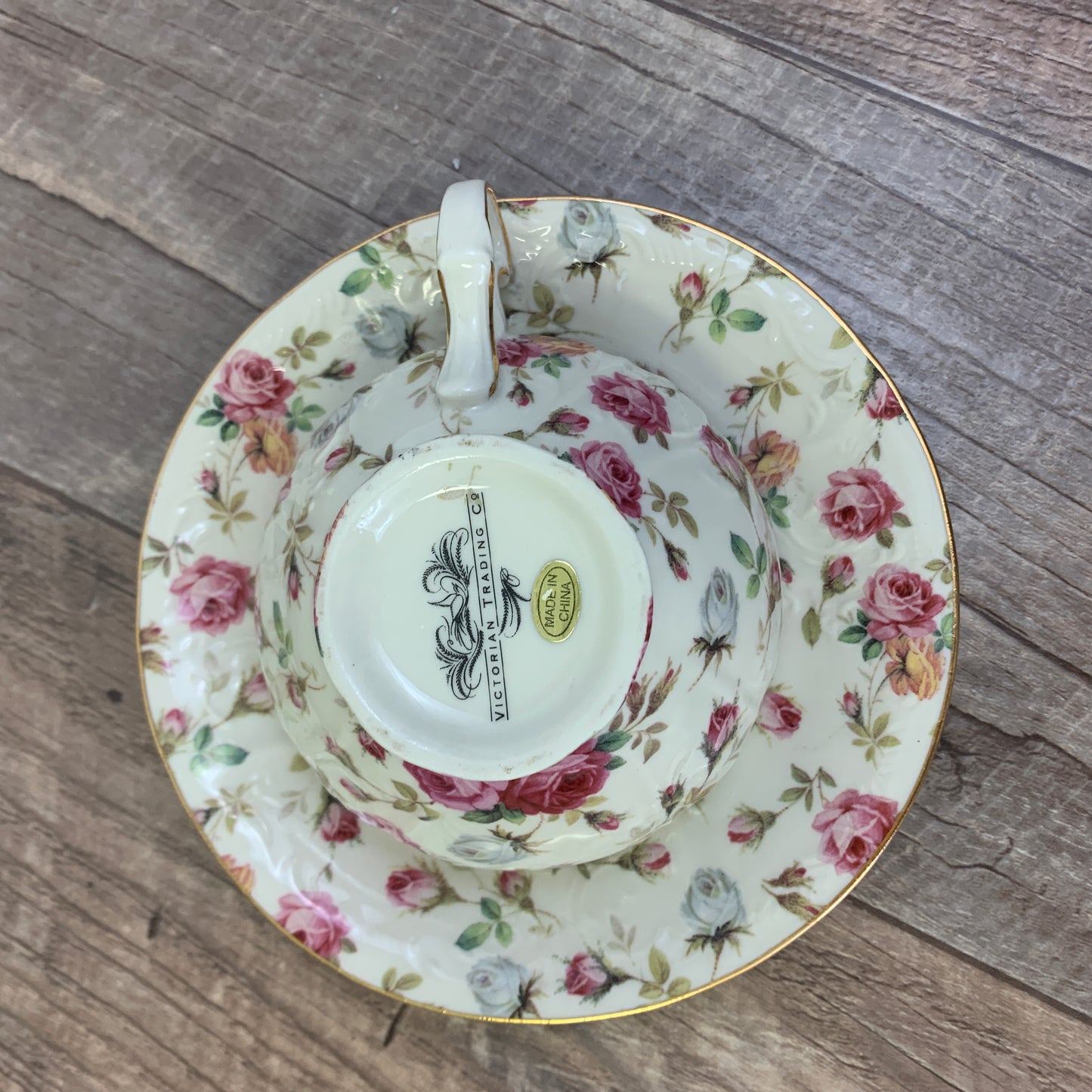 Victorian Trading Co Wide Mouth Teacup and Saucer Rose Chintz Pattern