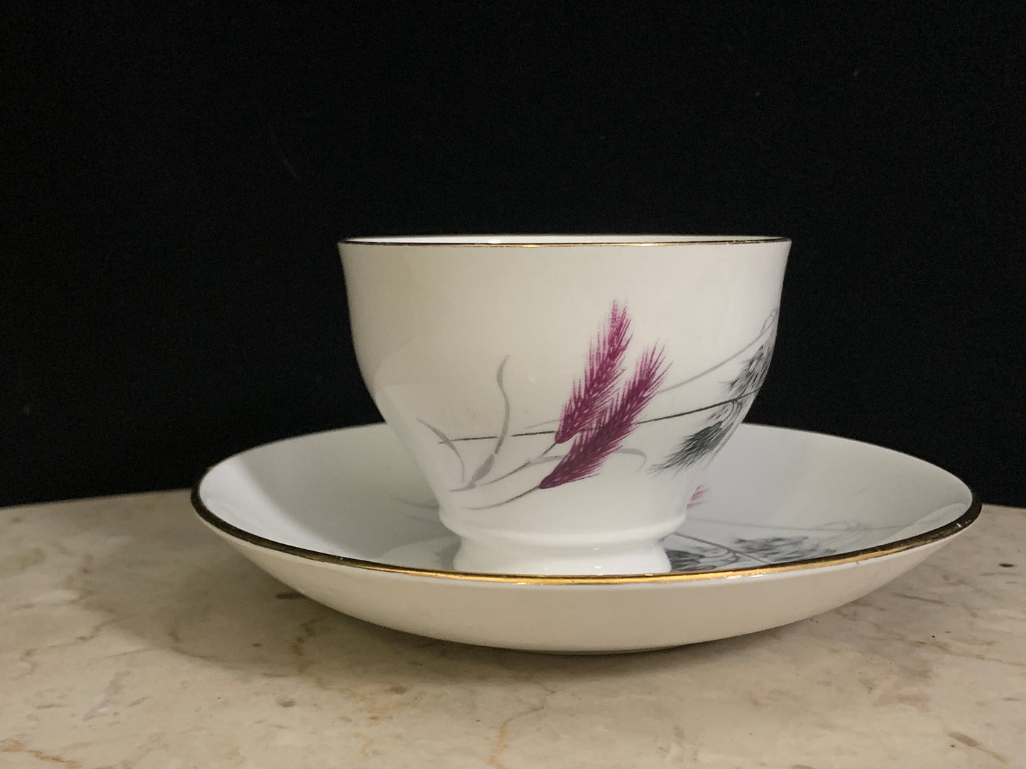 Vintage Tea Cup and Saucer with Purple Wheat Unique