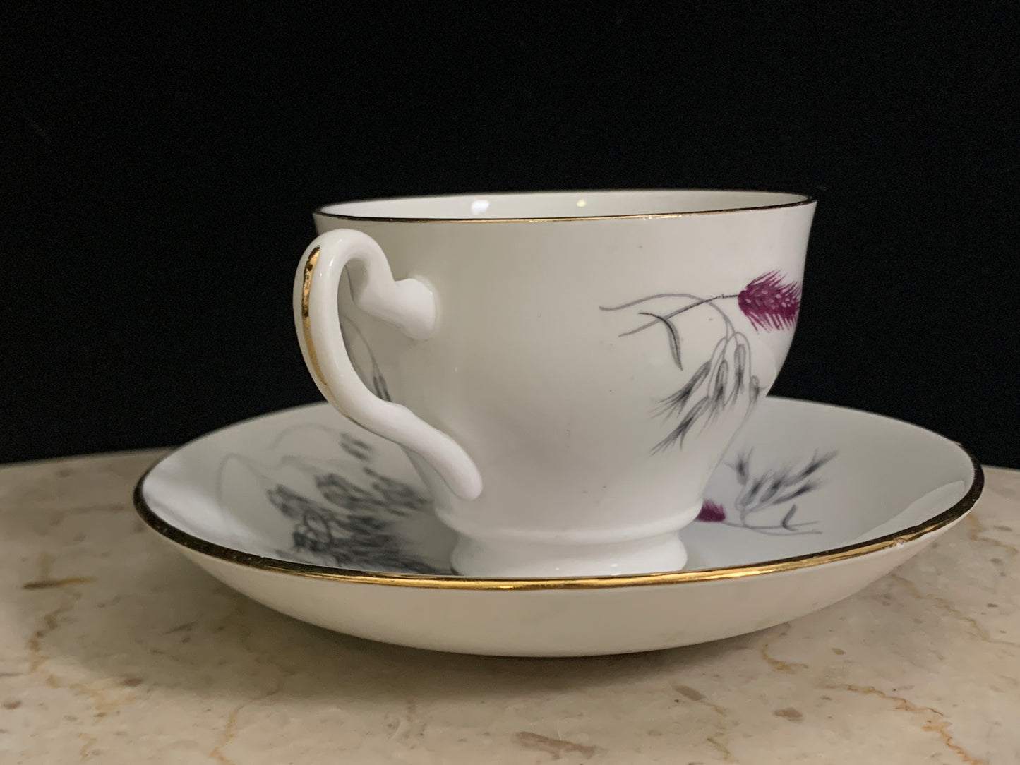 Vintage Tea Cup and Saucer with Purple Wheat Unique