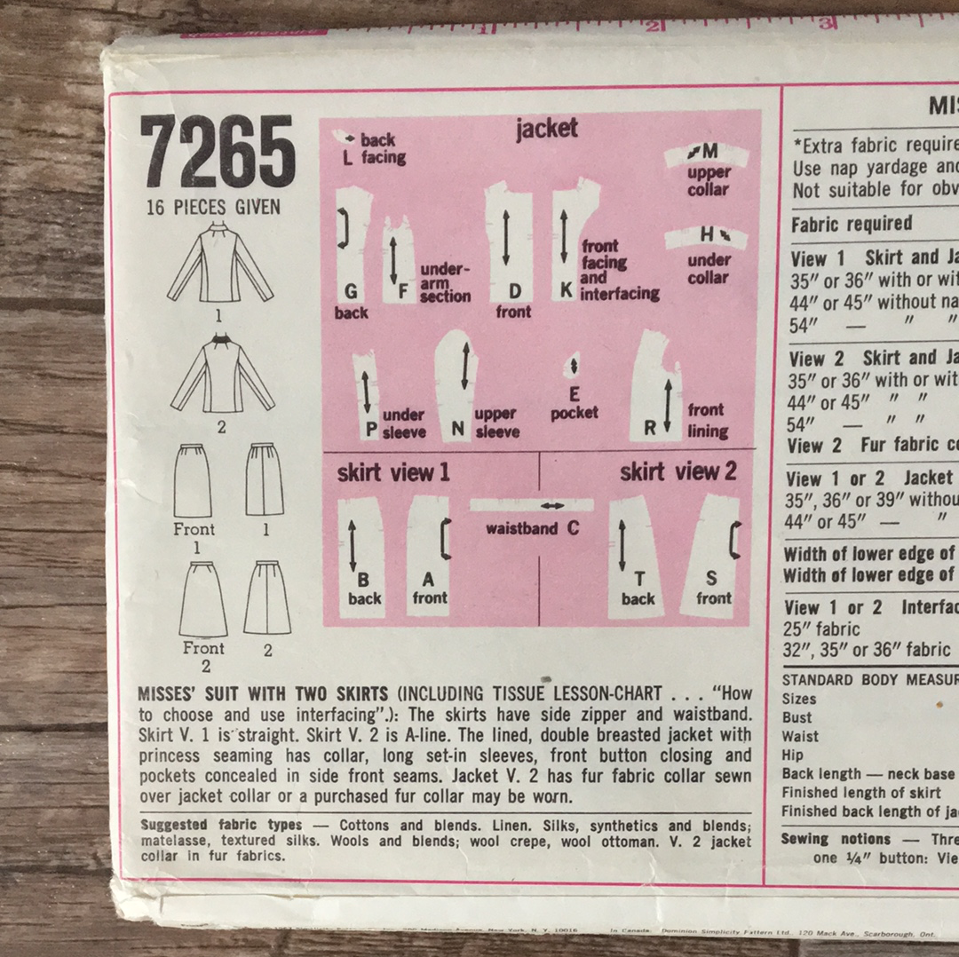 Ladies two piece suit dress Vintage Sewing Pattern Size 16 Simplicity 7265
