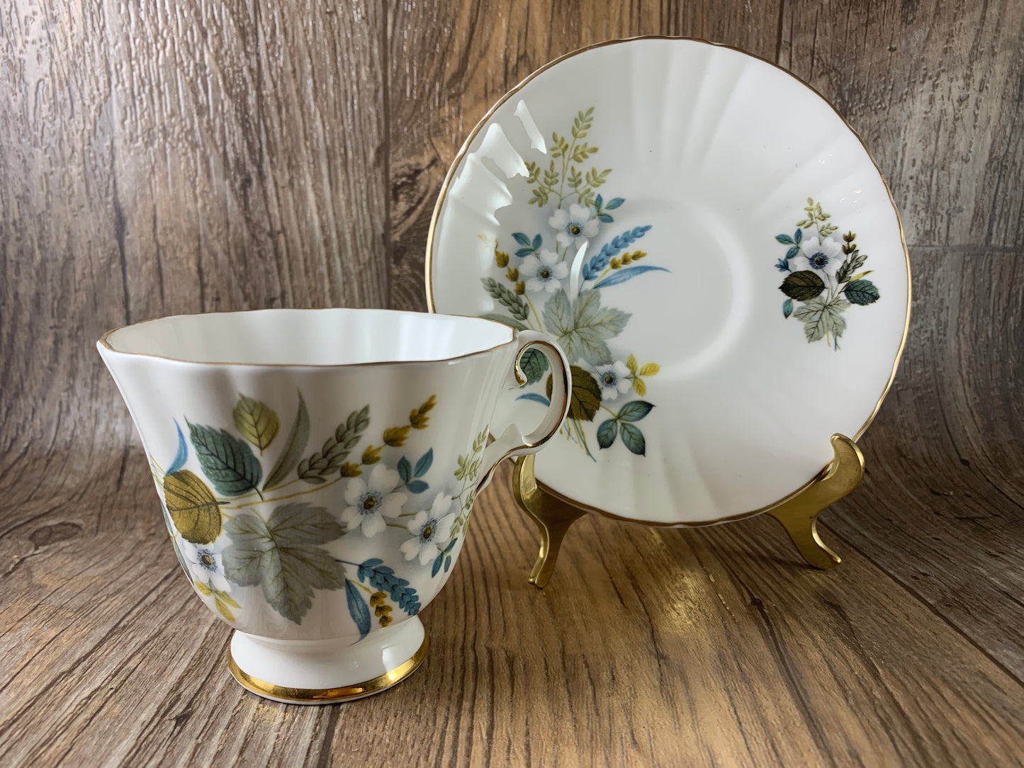 Vintage Teacup Royal Grafton Blue Grey and Yellow Floral Teacup and Saucer