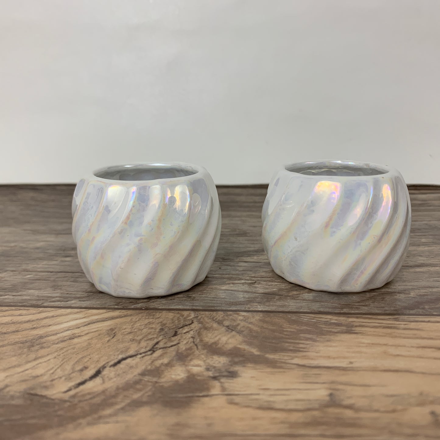 Pair of Iridescent Napkin Rings, White Lusterware Ribbed Napkin Rings