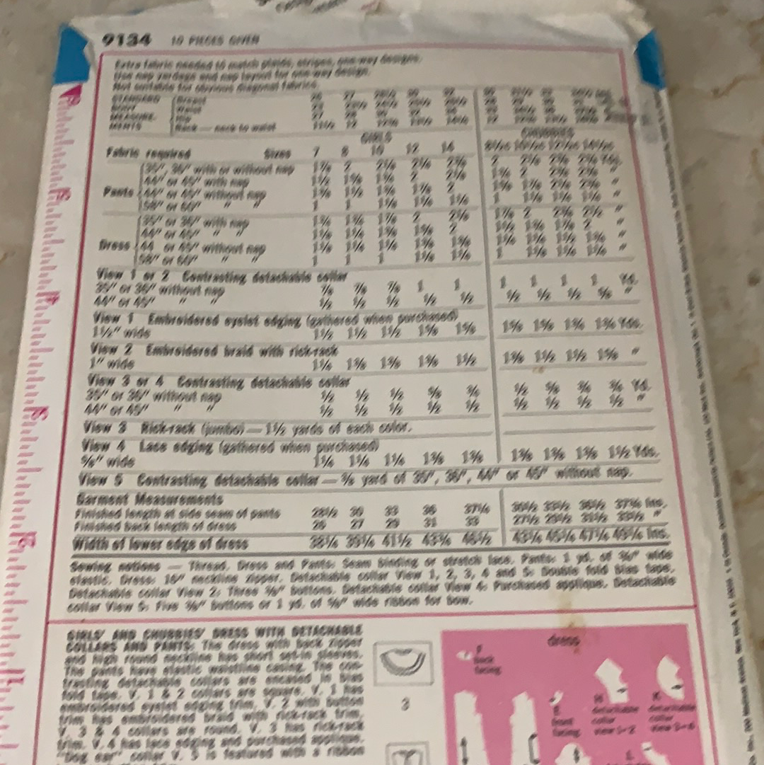 Girls Dress with Detachable Collars and Pants Vintage Sewing Pattern Simplicity 9134