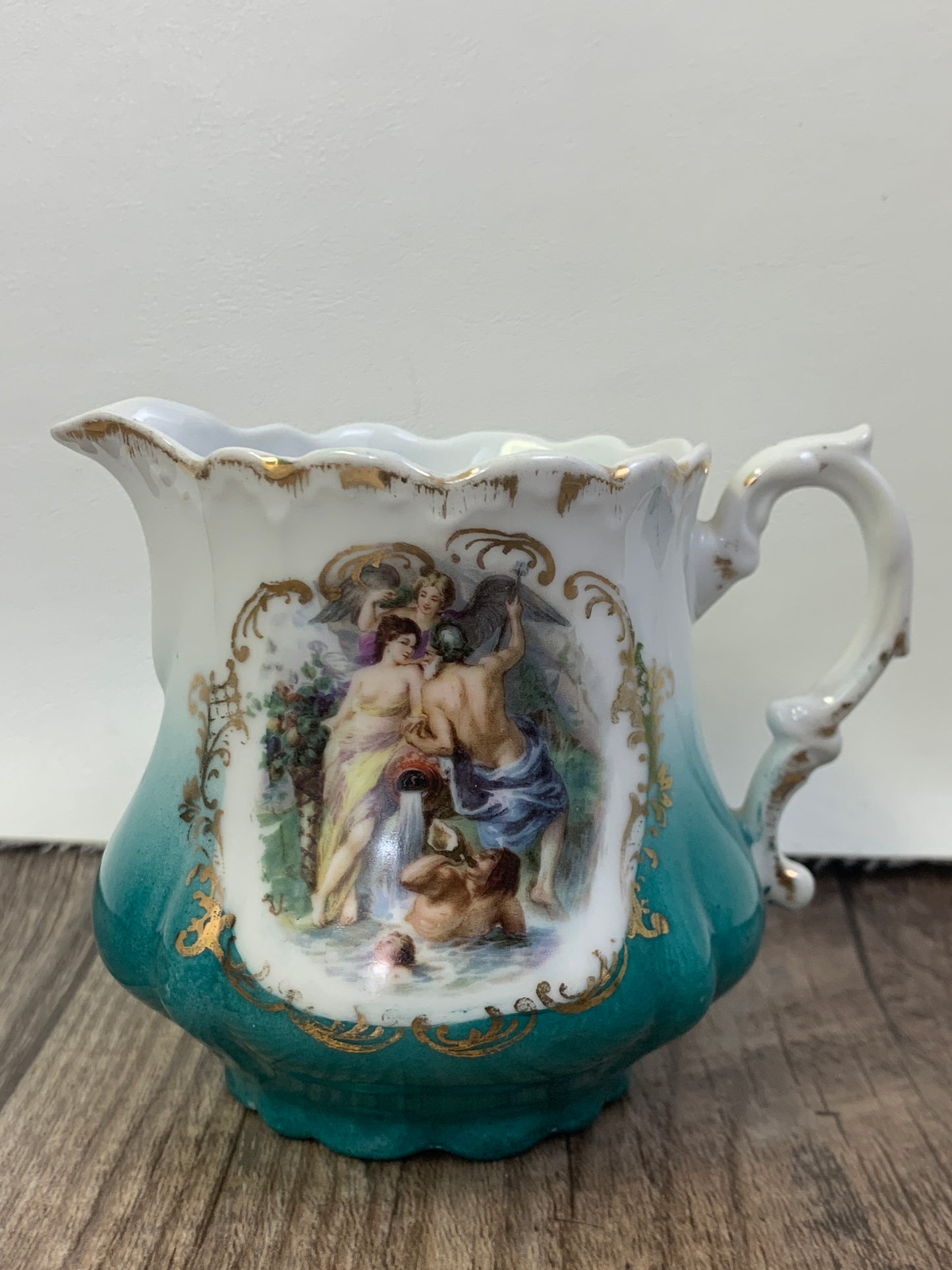 Antique Porcelain Creamer and Cup Teal and White Porcelain with Picture