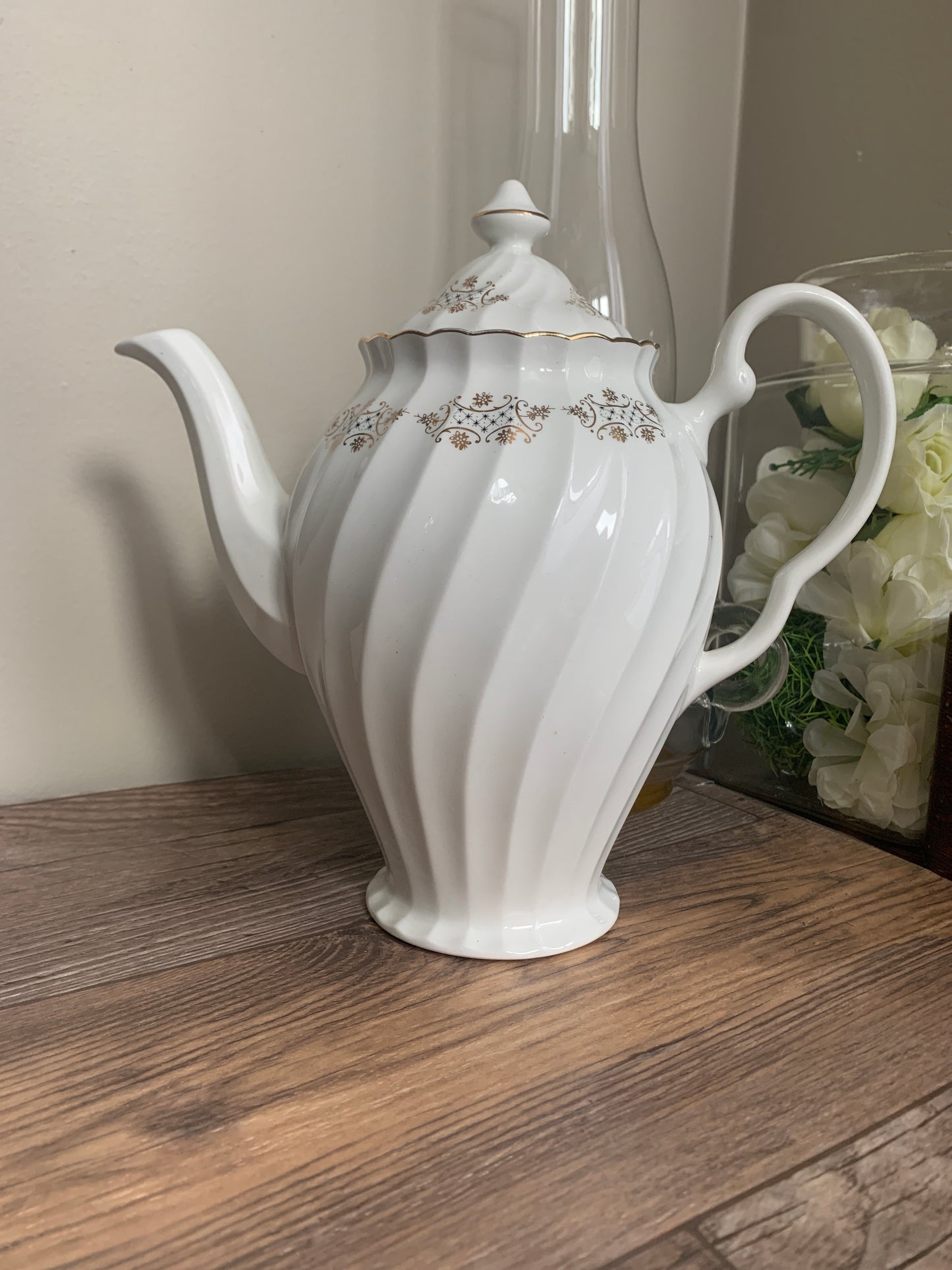 Johnson Bros White Coffee Pot with Swirled Rib Pattern Gold and Navy Pattern Tall Coffee Pot