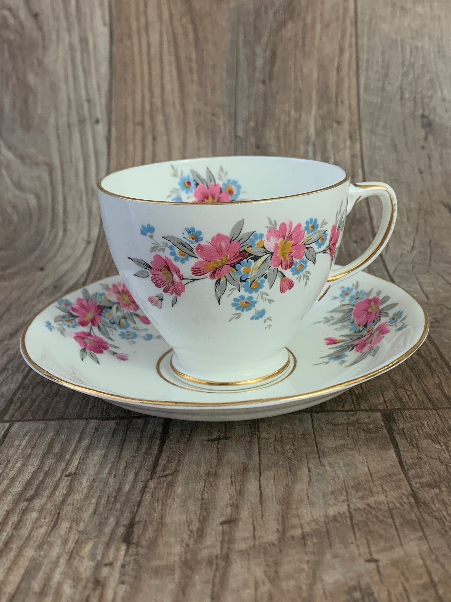 Pink and Blue Floral Vintage Teacup and Saucer Set