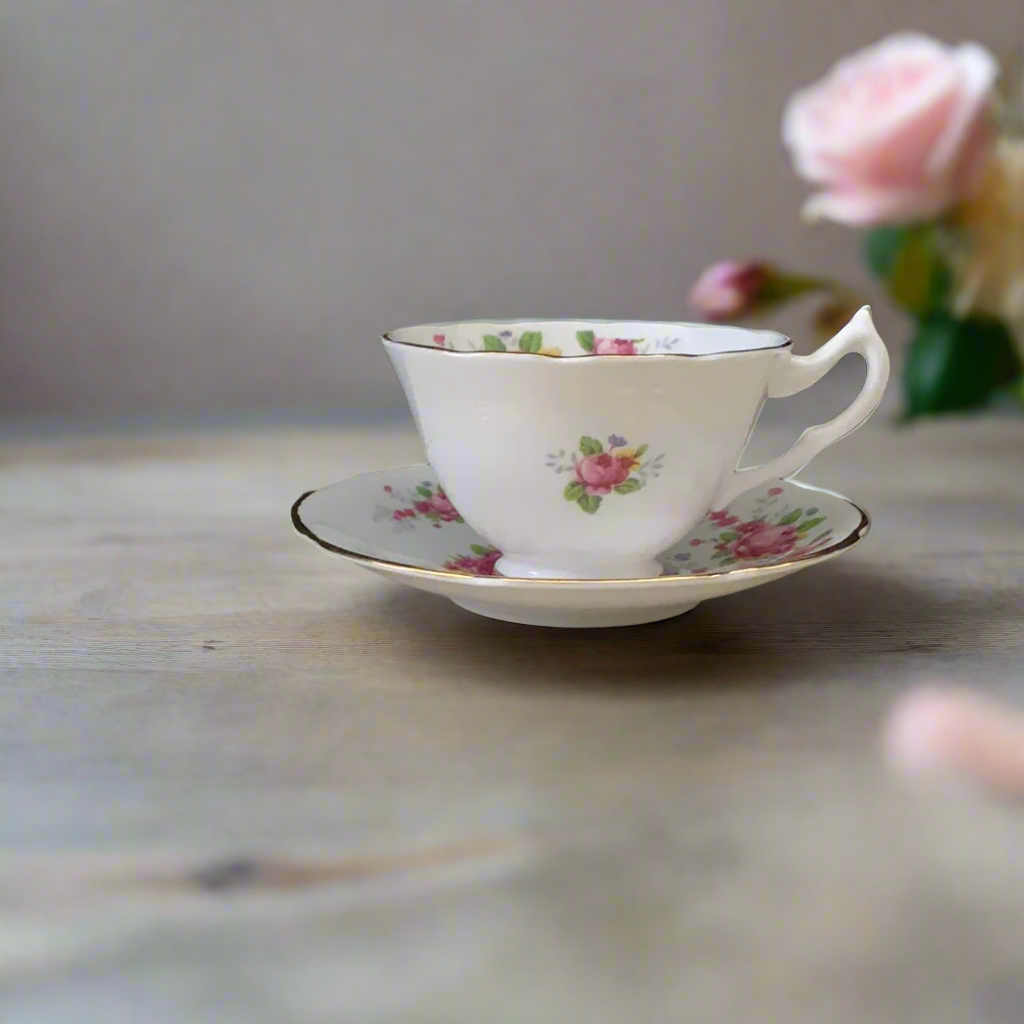 Wide Mouth Teacup and Saucer Set with Pink Floral Pattern