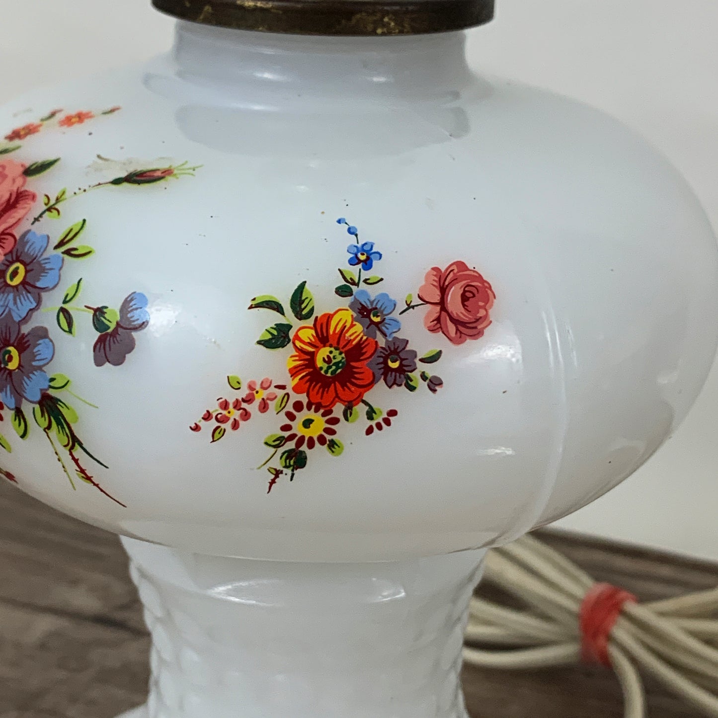 Milk Glass Lamp with Pink and Blue Flowers, Vintage Milk Glass Accent Lamp