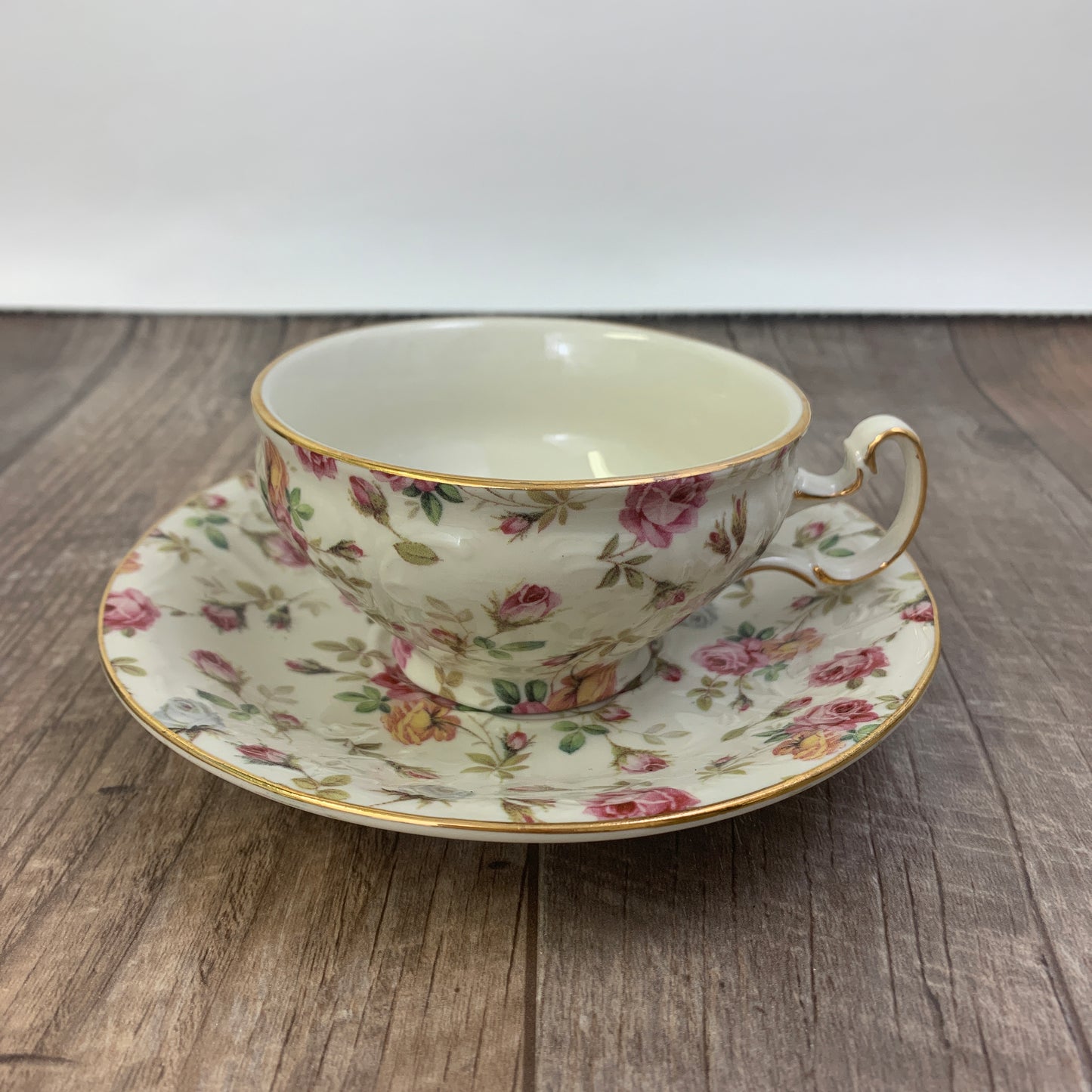 Victorian Trading Co Wide Mouth Teacup and Saucer Rose Chintz Pattern