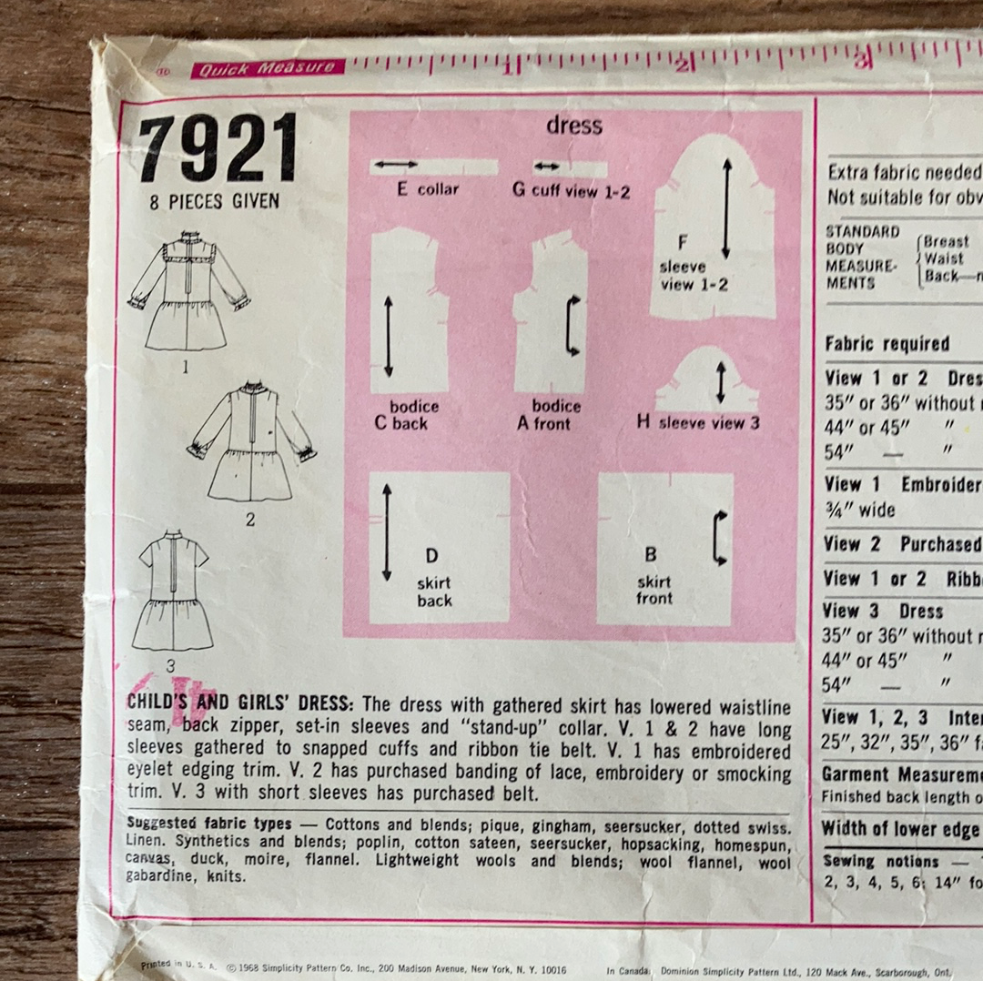 Girls Drop Waist Dress with Short or Long Sleeves Sewing Pattern Size 8 Simplicity 7921
