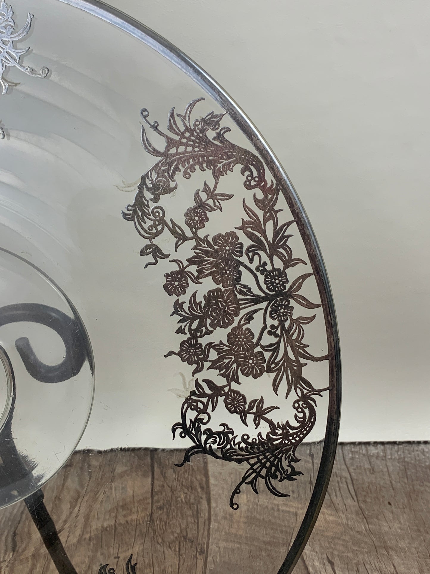 Vintage Clear Glass Cake Plate with Silver Overlay