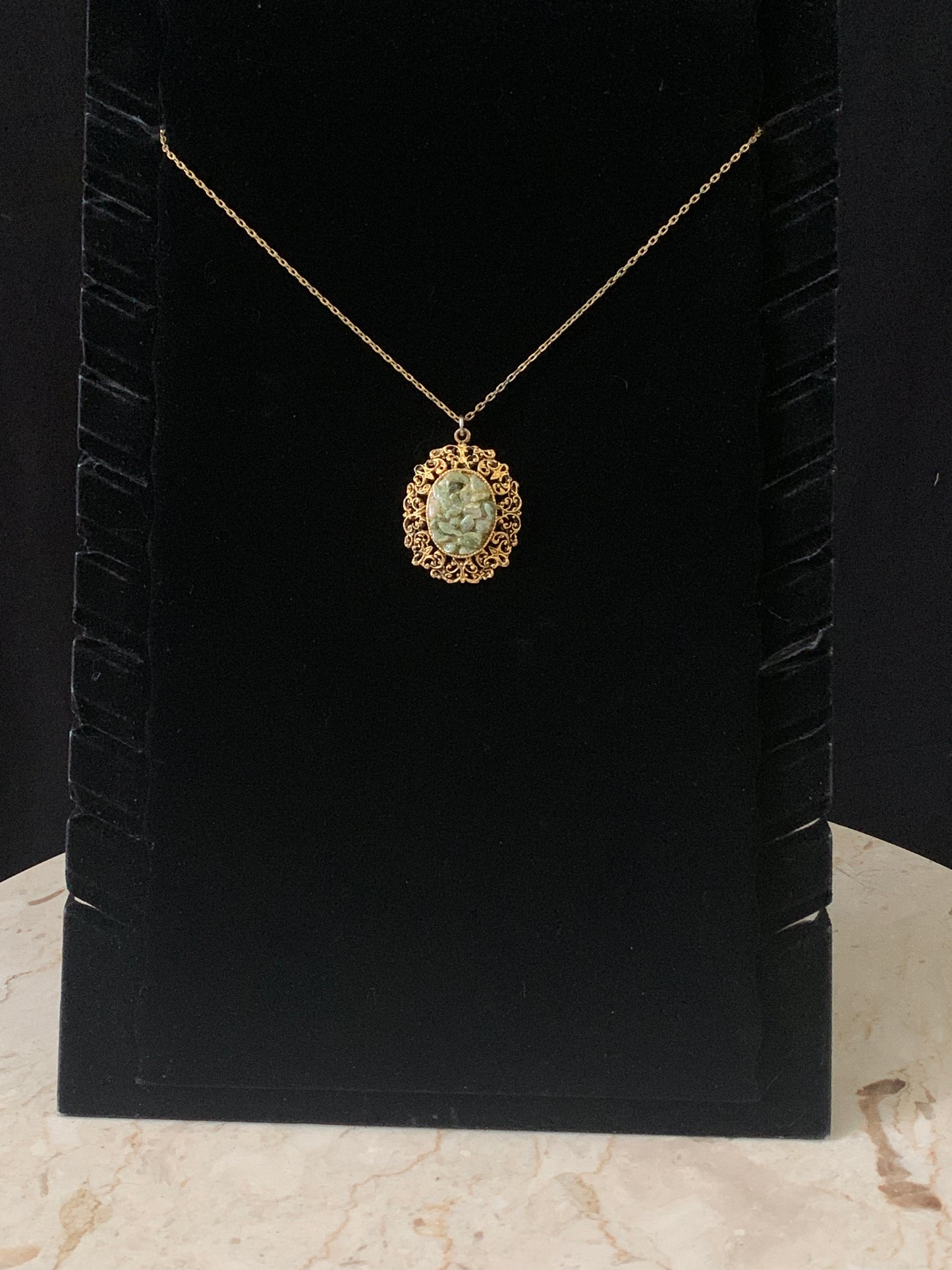 Jade Chip Necklace Large Green and Gold Pendant