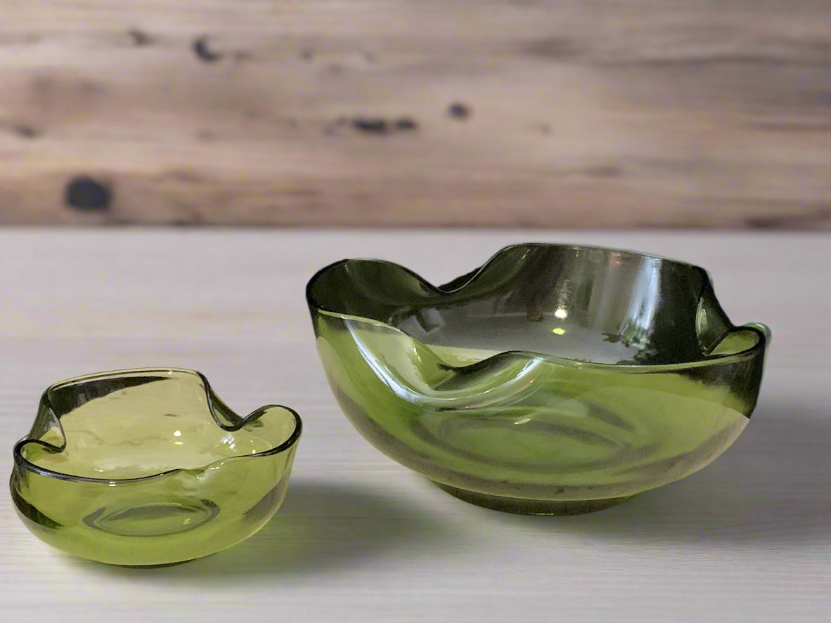 Anchor Hocking Vintage Green Glass Chip and Dip Bowls - Set of Two Bowls