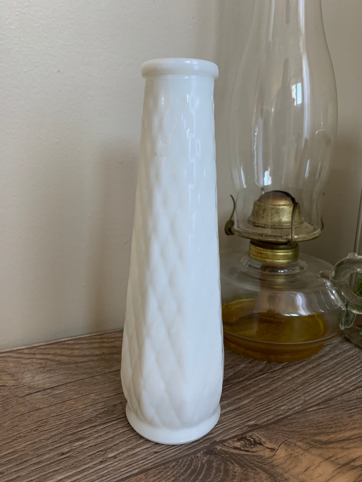White Milk Glass Vintage Vase with Diamond Waffle Pattern Vintage Farmhouse Decor Housewarming Gifts