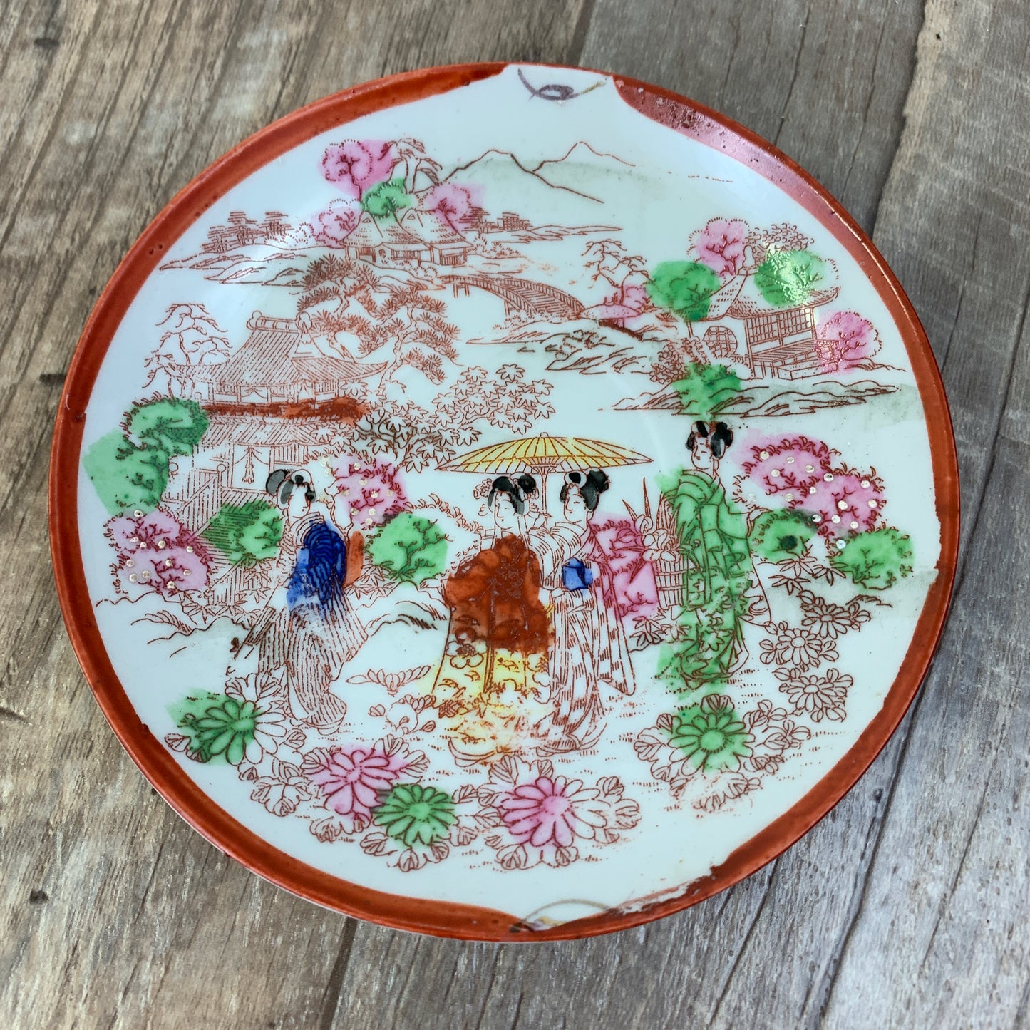 Moriage Teacup and Saucer Japanese Landscape Scene