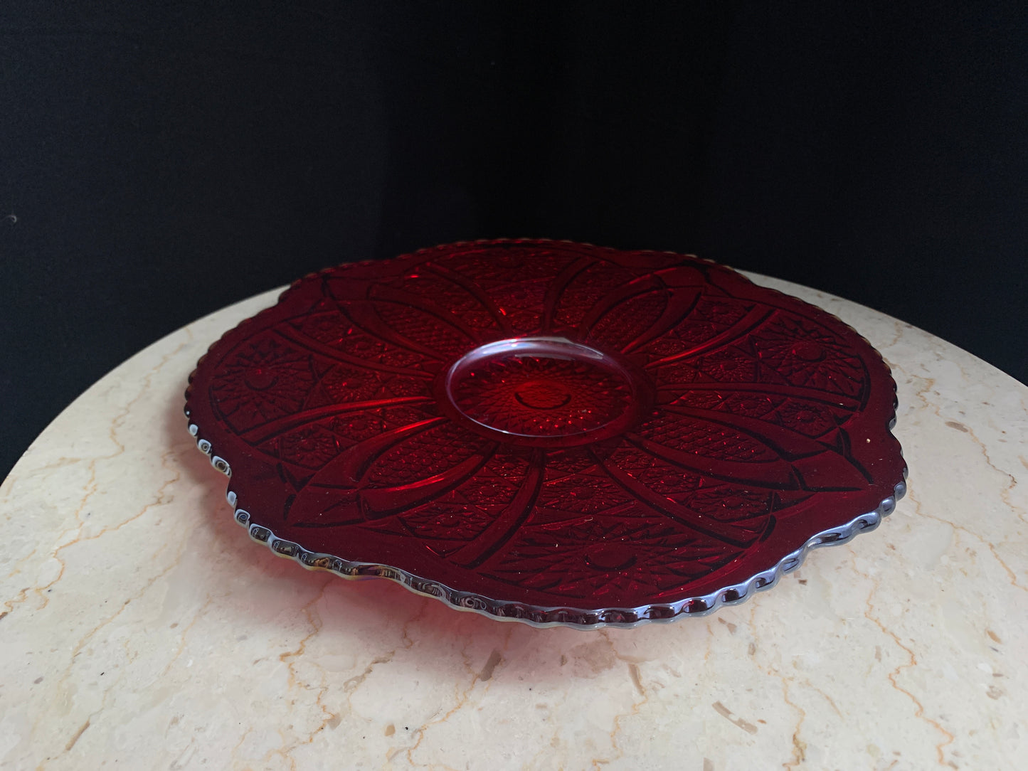Indiana Glass Heirloom Sunset Red Platter, Indiana Glass Company Iridescent Glass Platter, Red Carnival Glass Sandwich Tray