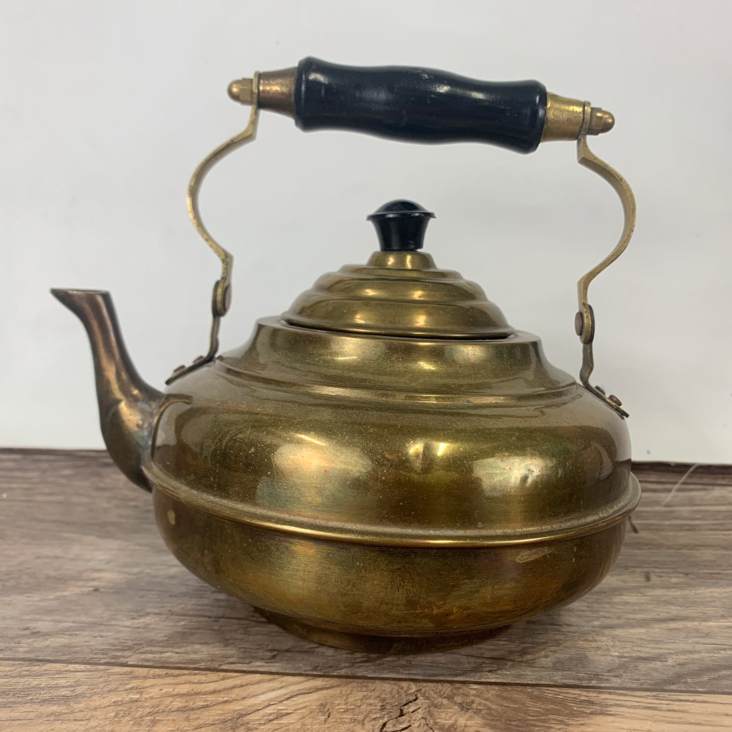 Vintage Brass Coloured Kettle with Wooden Handle