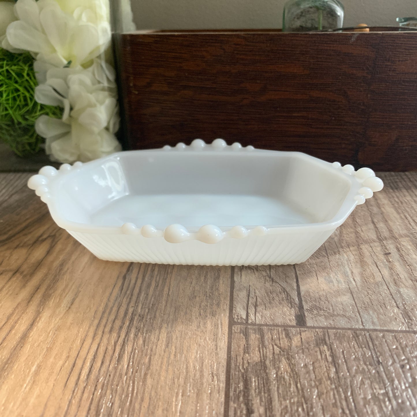 Hazel Atlas Mid Century Modern Milk Glass Dish Beaded Edge