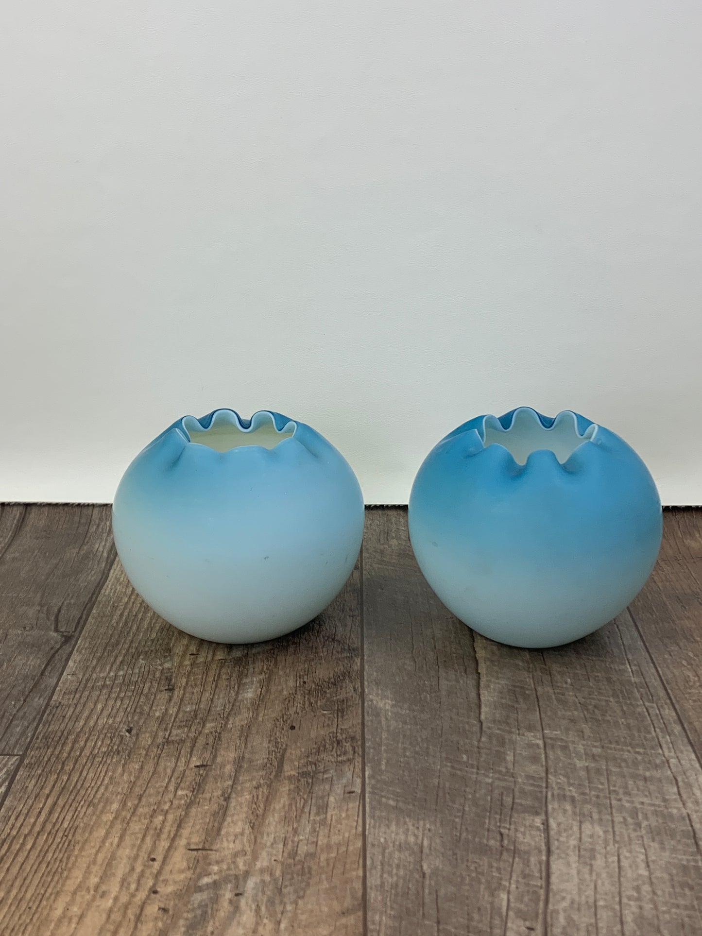 Pair of Antique Blown Glass Rose Bowls Blue Cased Satin Glass
